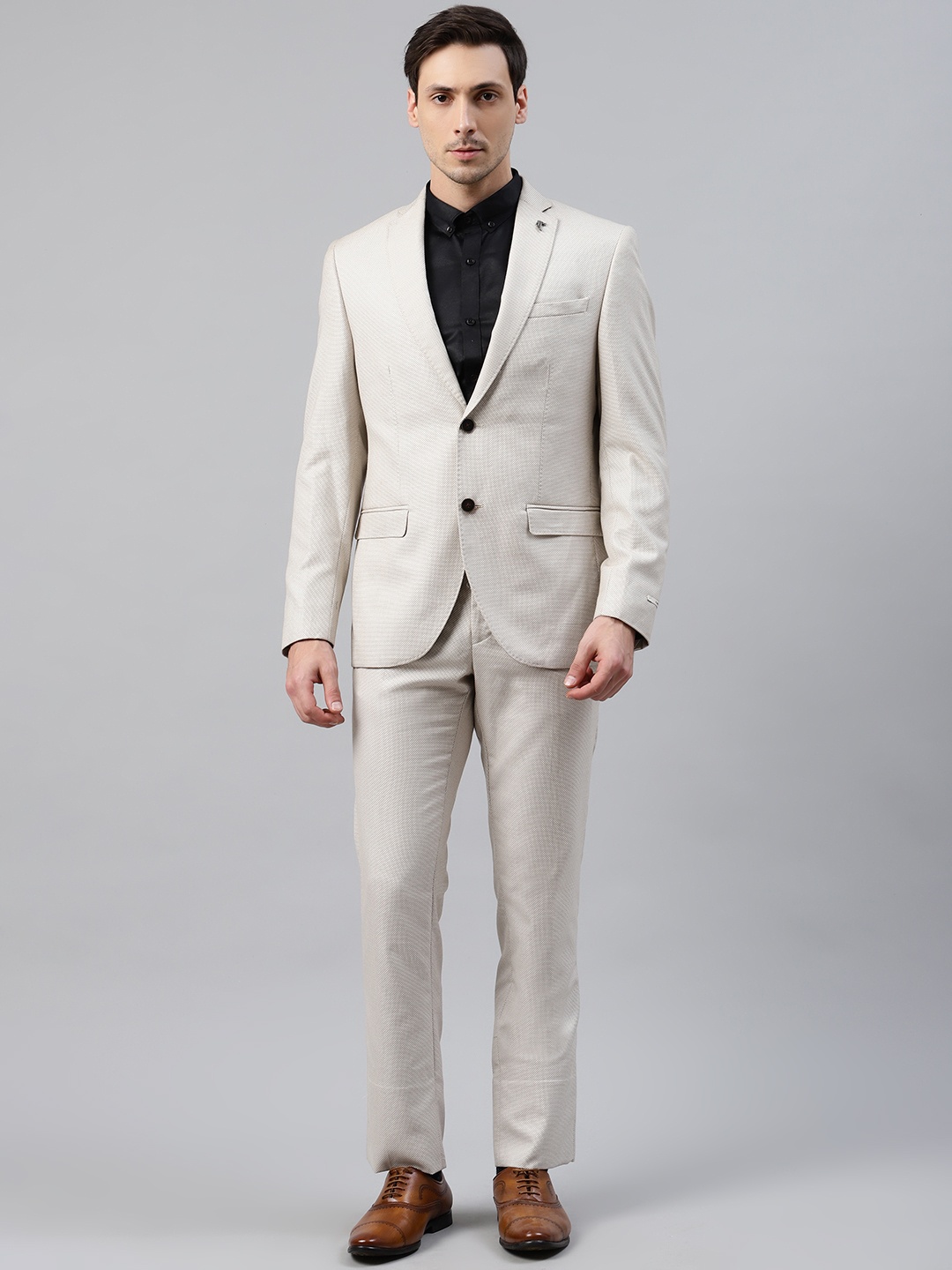 

Blackberrys Men Off-White & Grey Self-Design Slim Fit Single-Breasted Formal Suit