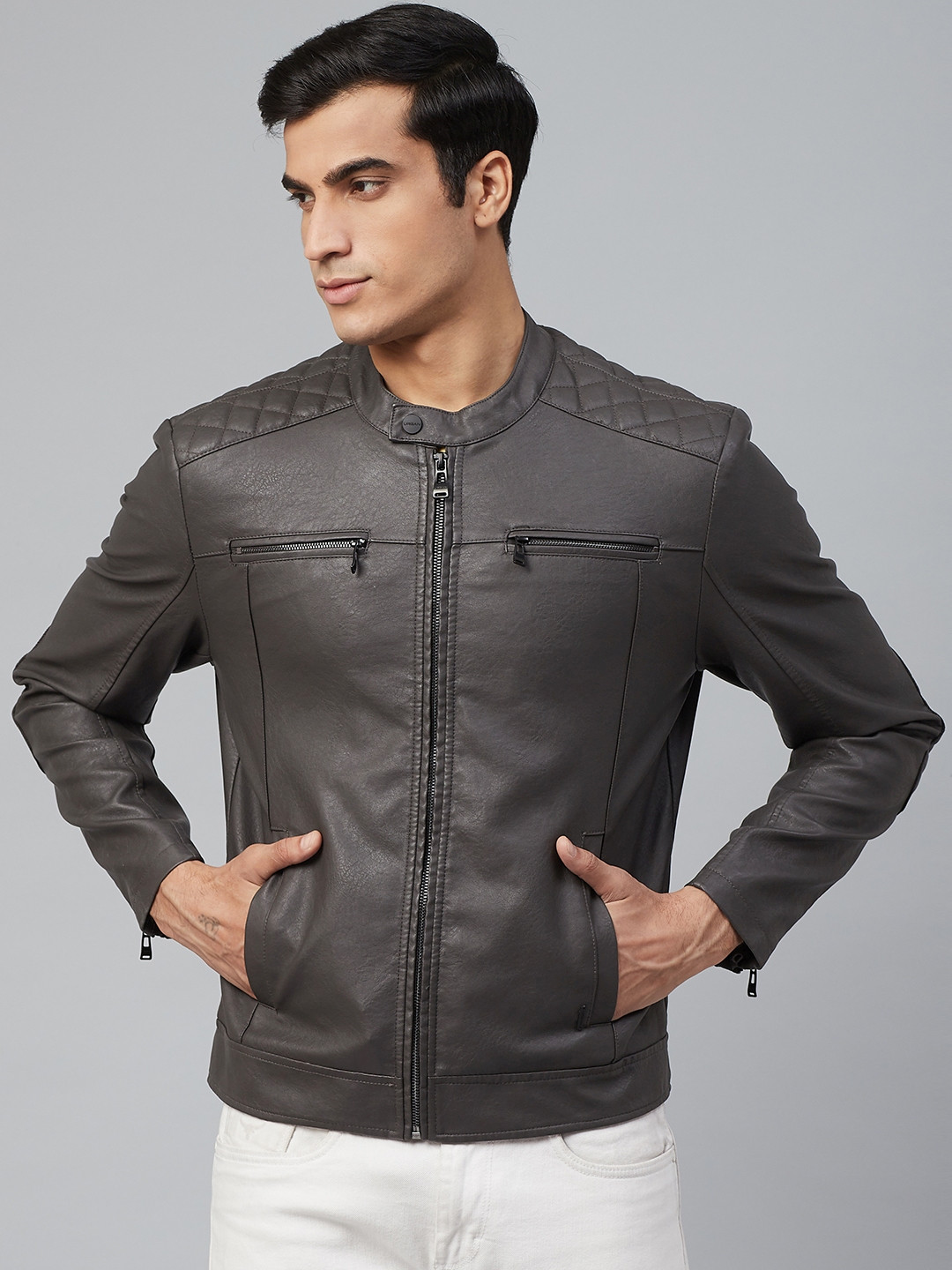

Blackberrys Men Charcoal Grey Solid Biker Jacket