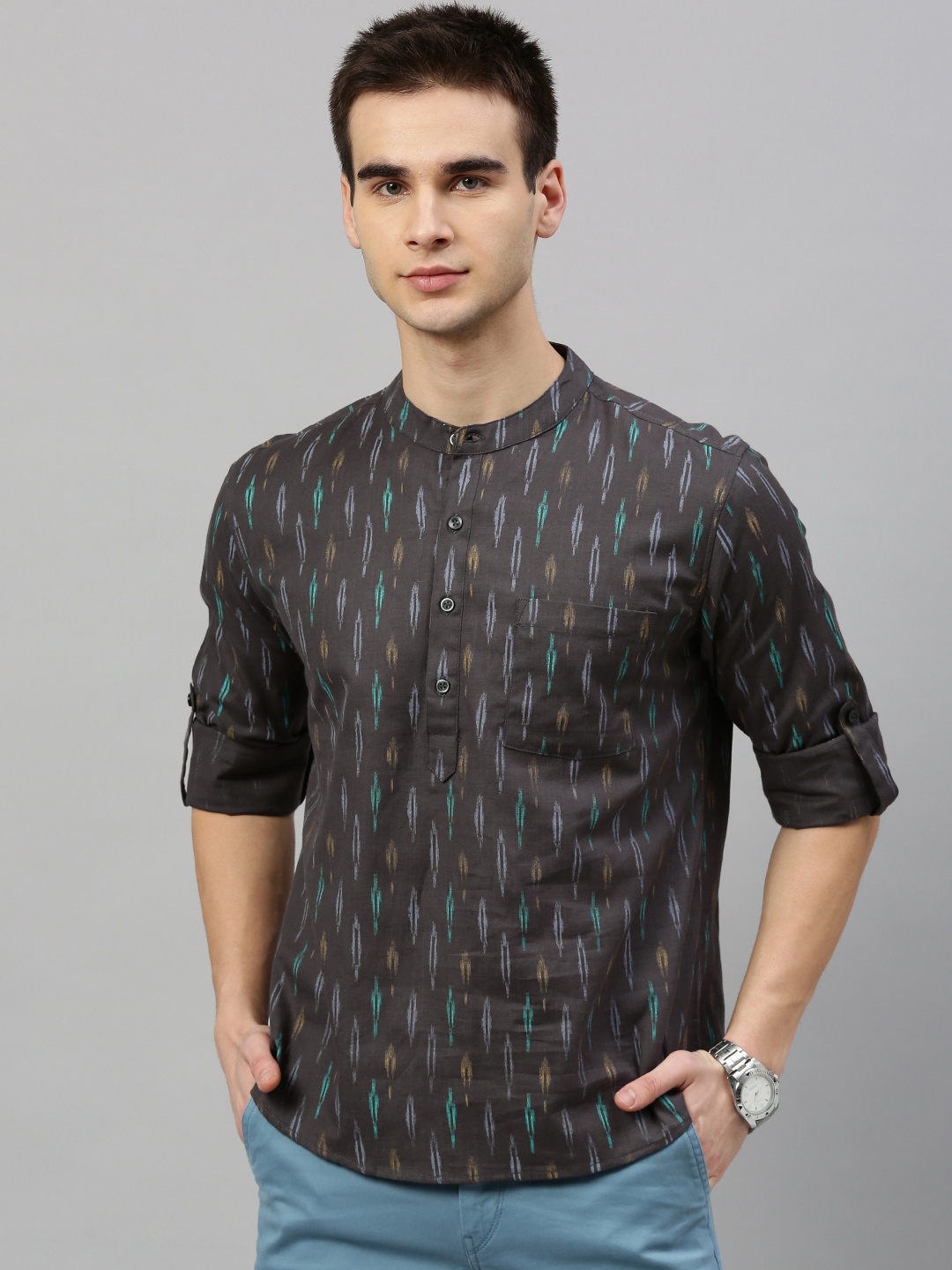 

Anouk Men Charcoal Grey & Turquoise Blue Woven Design Straight Kurta