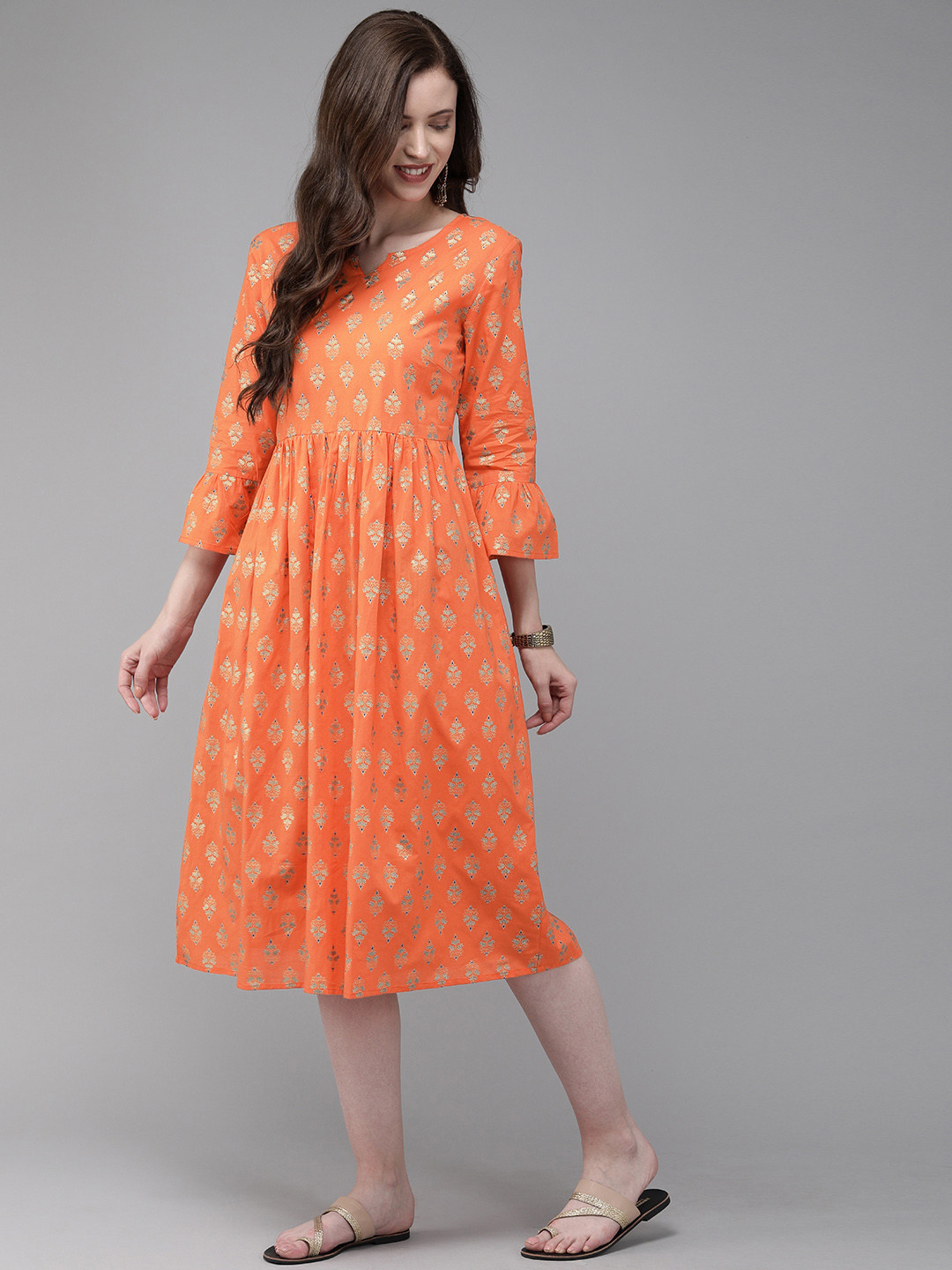 

Anouk Women Orange & Gold-Toned Printed A-Line Fusion Kurta