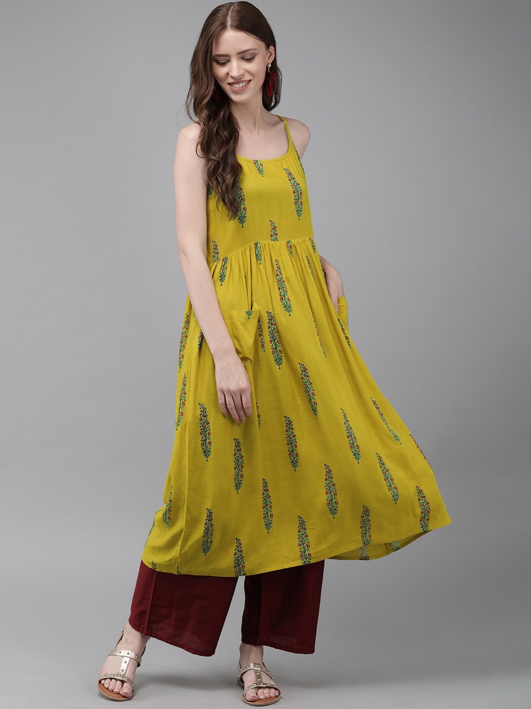 

Anouk Women Mustard Yellow & Green Printed A-Line Kurta