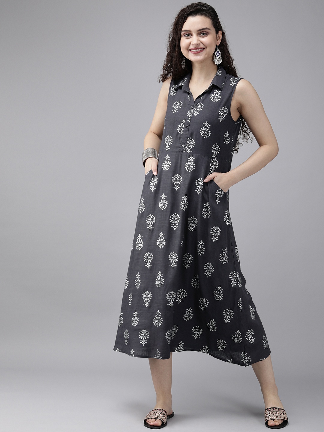 

Anouk Women Charcoal Grey & Silver-Toned Printed A-Line Kurta