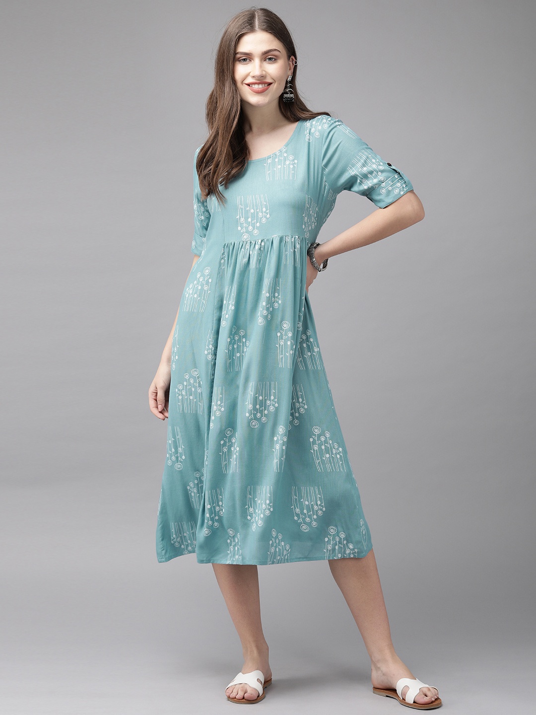 

Anouk Women Turquoise Blue & Off-White Printed A-Line Kurta