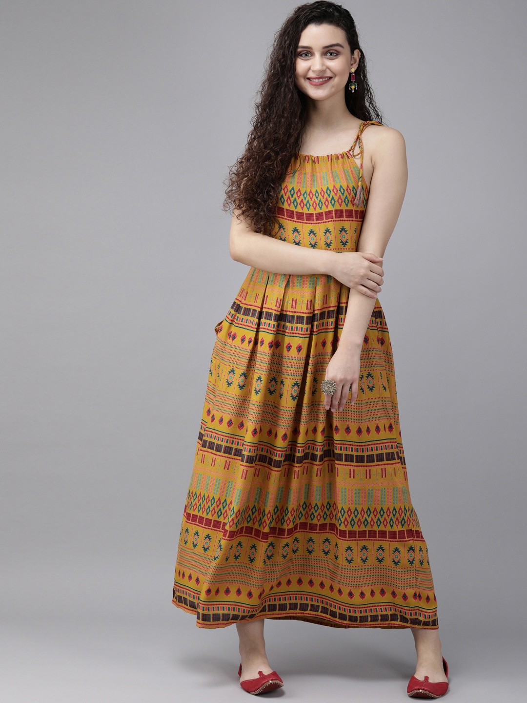 

Anouk Women Mustard Yellow & Pink Printed A-Line Fusion Kurta
