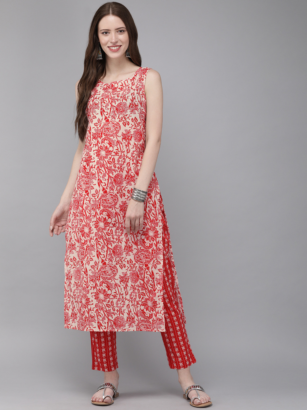 

Anouk Women Red & White Printed Kurta with Trousers