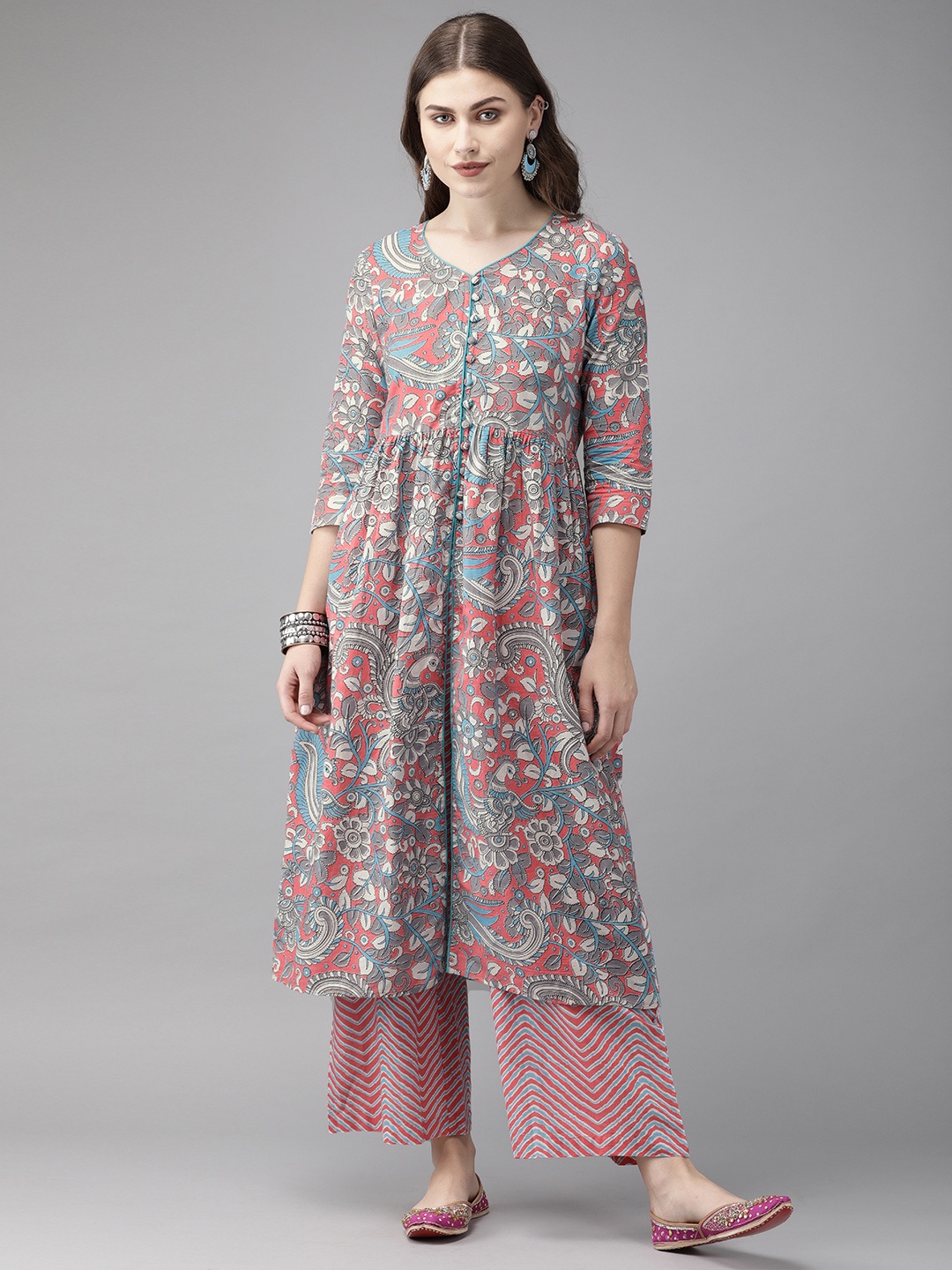

Anouk Women Pink & Grey Printed Kurta with Trousers