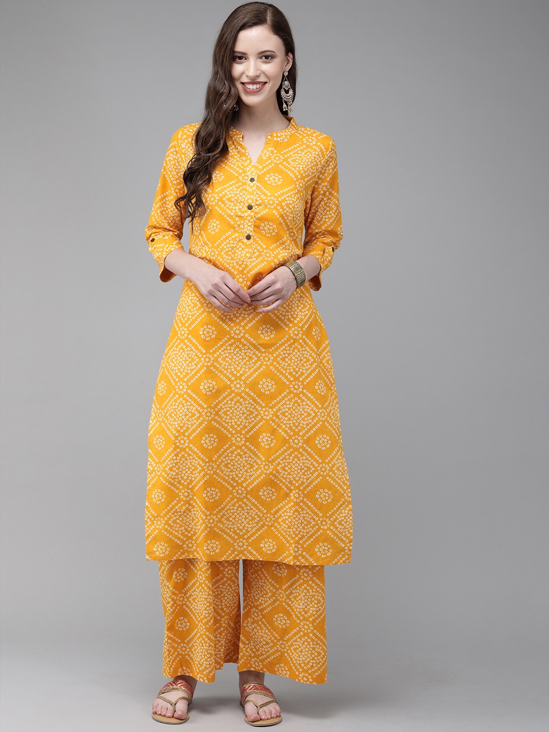 

Anouk Women Mustard Yellow & White Printed Kurta with Palazzos