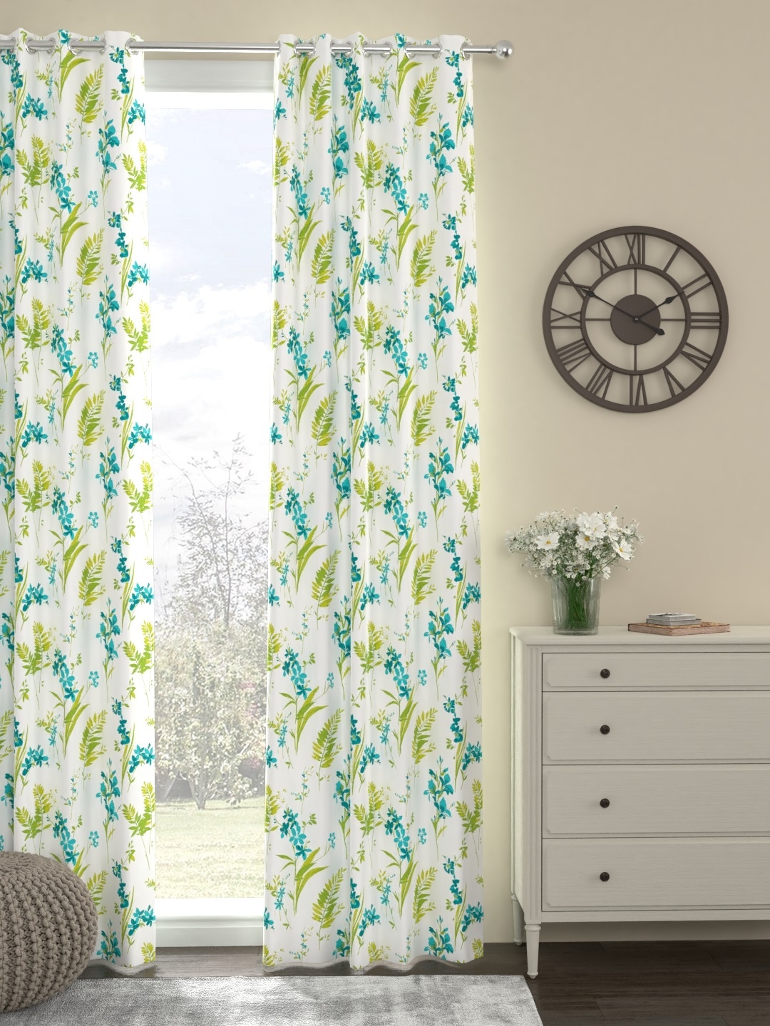 

ROSARA HOME White & Blue Printed Single Door Curtain