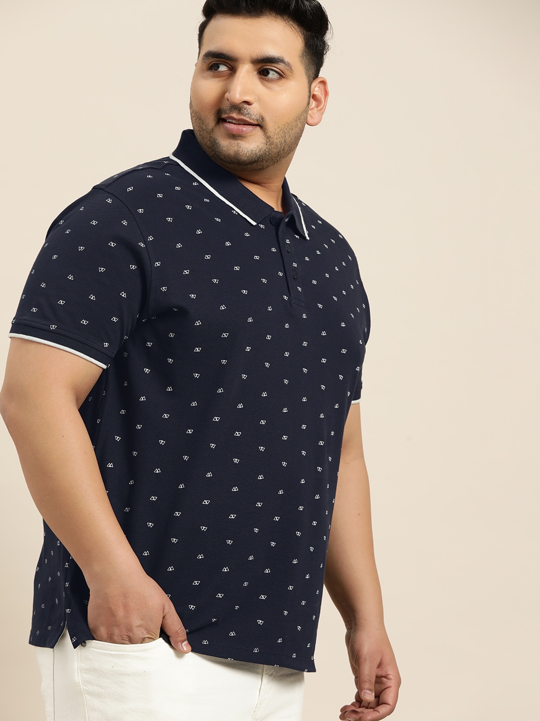 

Sztori Plus Size Men Navy Blue White Printed Polo Collar Pure Cotton T-shirt