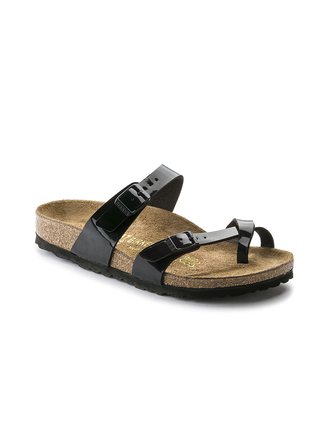 

Birkenstock Women Black Solid Mayari Birko-Flor Patent One Toe Narrow Width Flats