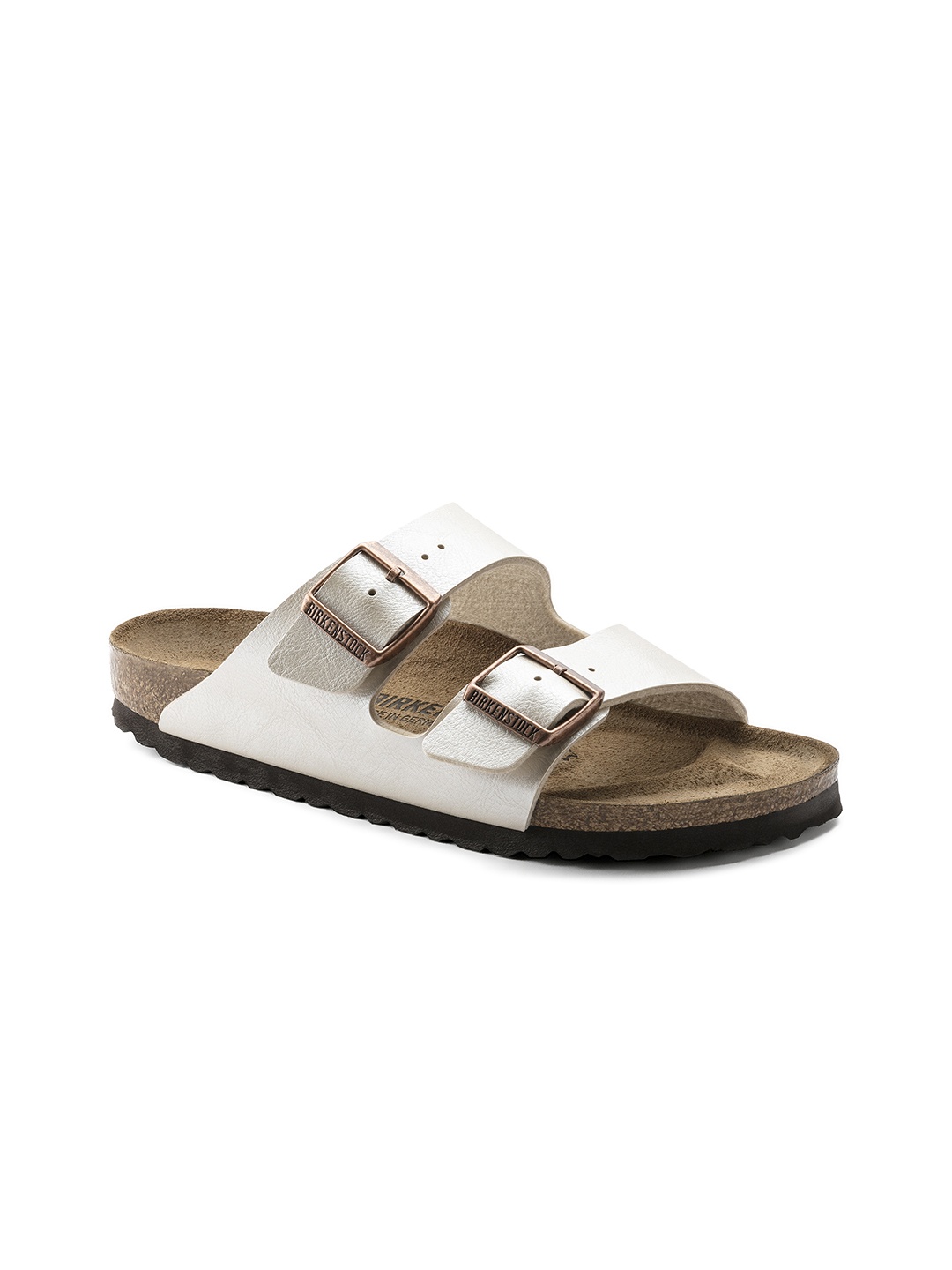 

Birkenstock Arizona Graceful Pearl White Narrow Width Birko-Flor Two-Strap Sandals, Cream