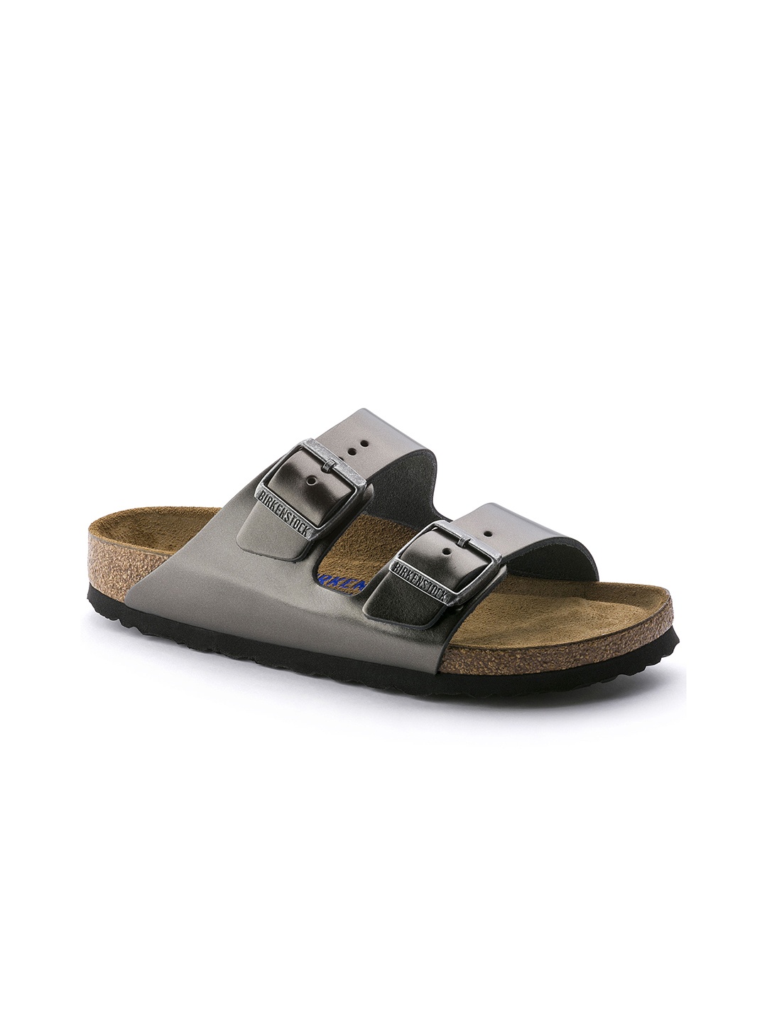 

Birkenstock Women Grey Arizona Natural Leather Narrow Width Flats
