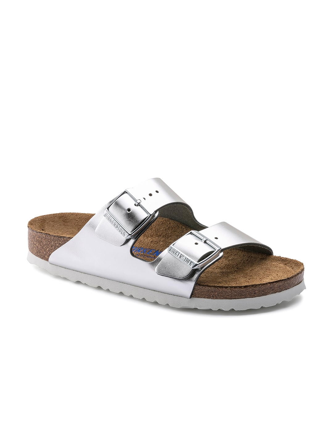 

Birkenstock Arizona Soft Footbed Metallic Silver Narrow Width Two-Strap Sandals