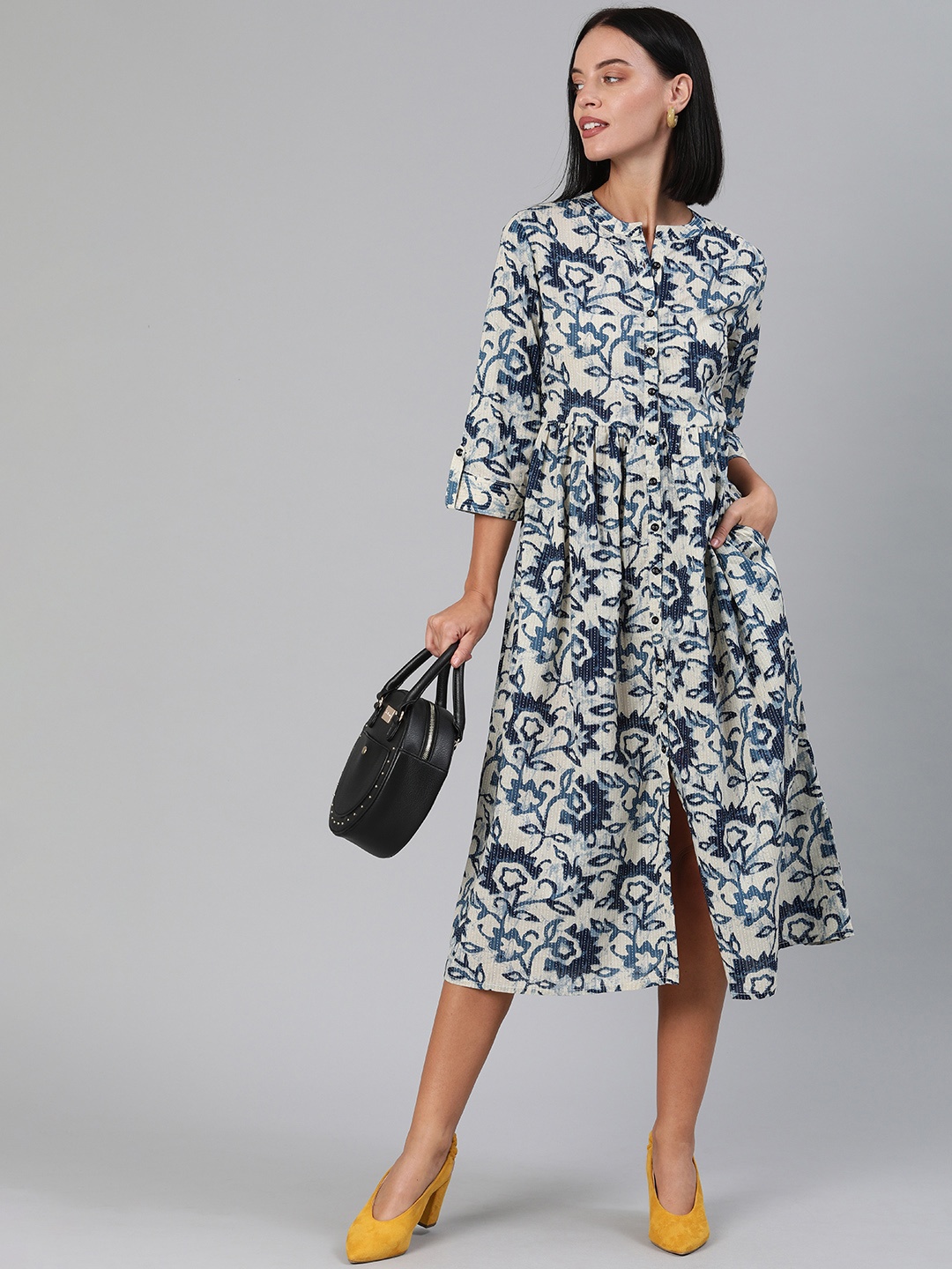 

Anouk Women White & Blue Printed A-Line Kurta with Gathers