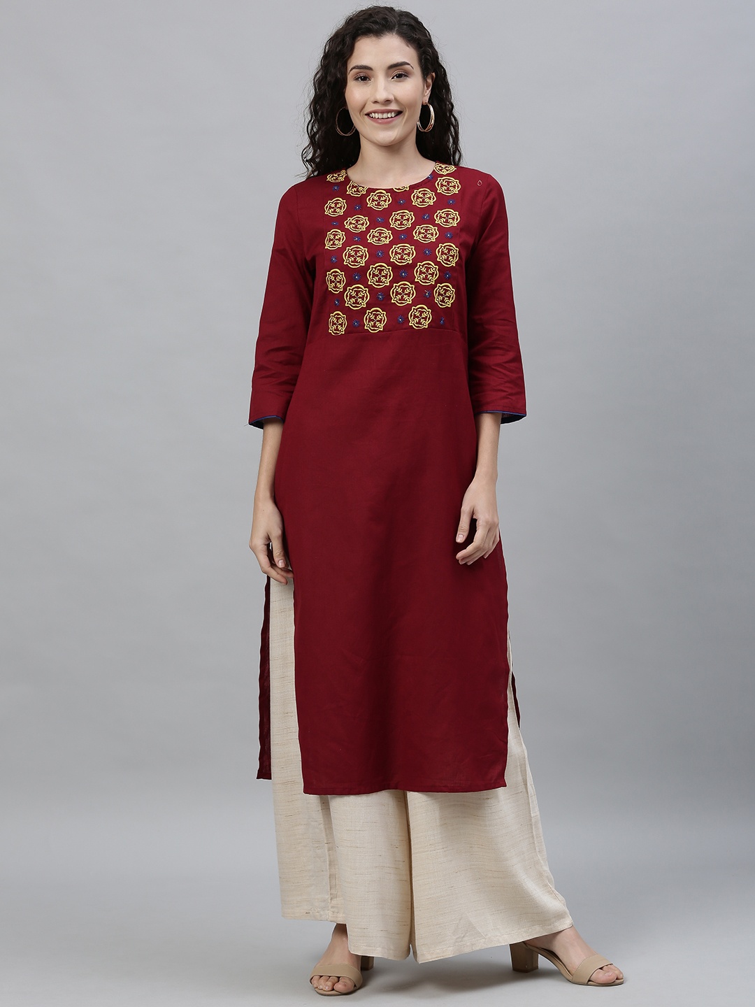 

Anouk Women Maroon Yoke Design Straight Kurta