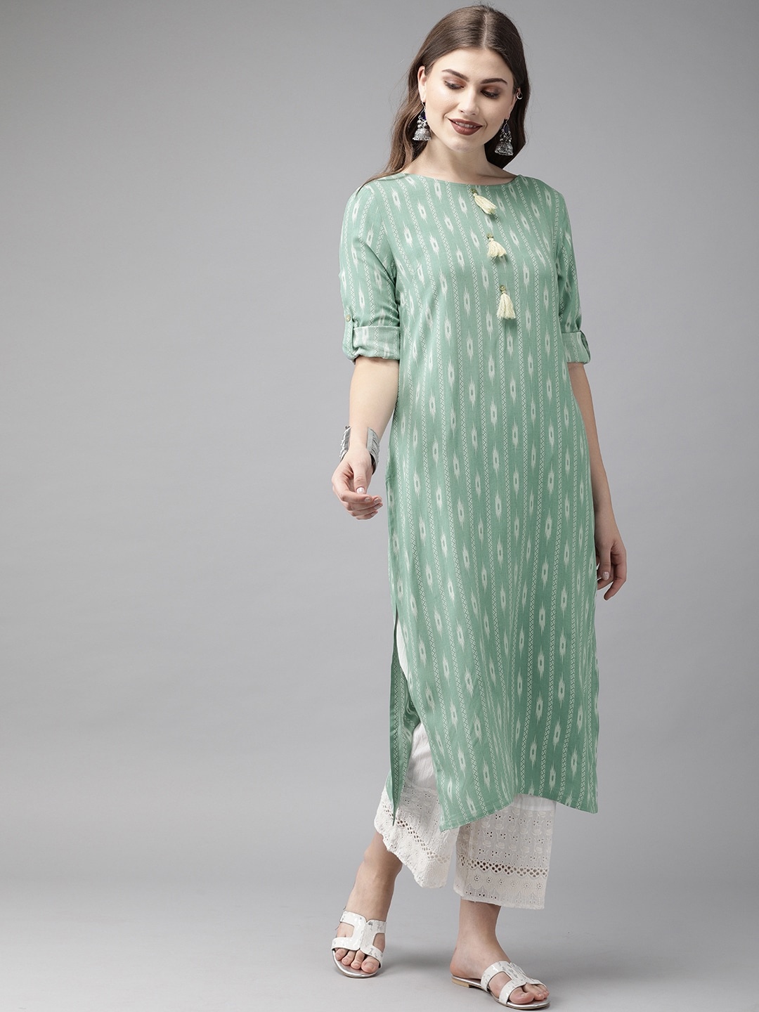 

Anouk Women Sea Green & Off-White Ikat Printed Straight Kurta