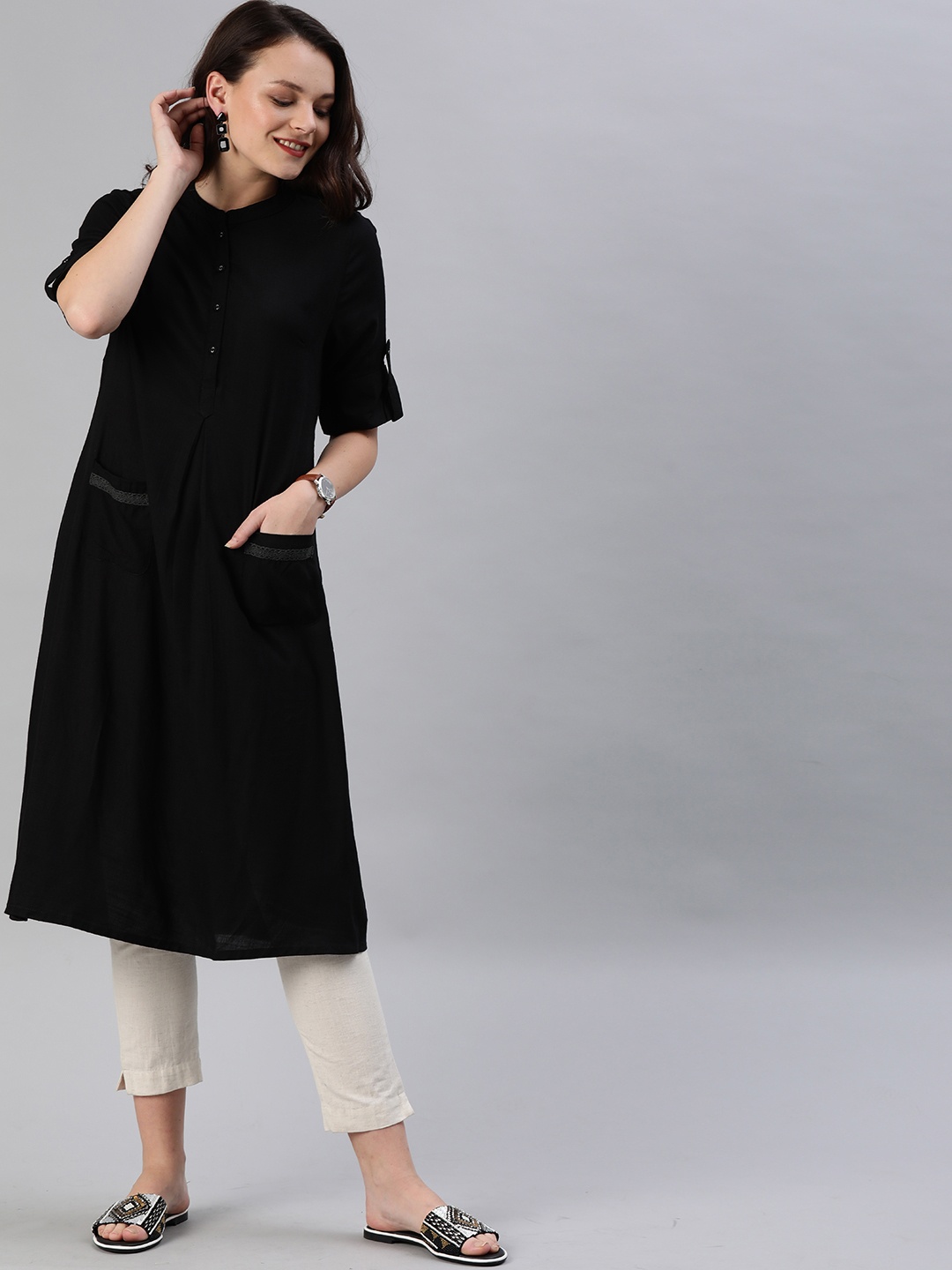 

Anouk Women Black Solid A-Line Kurta