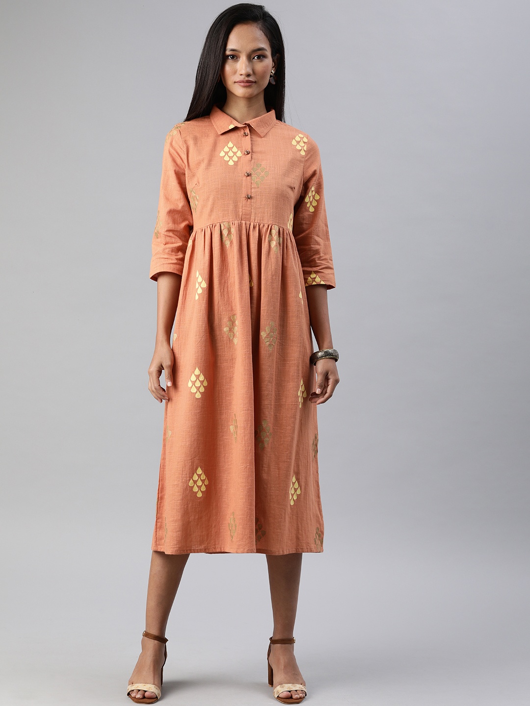 

Anouk Women Peach-Coloured & Gold-Toned Foil Printed Pleated A-Line Fusion Kurta