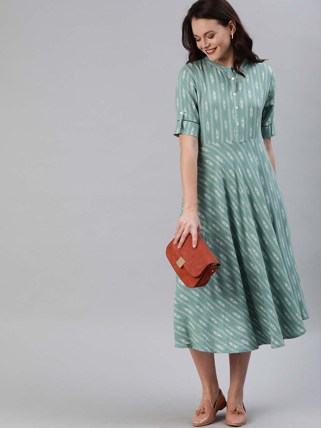 

Anouk Women Sea Green & White Printed Fit and Flare Dress