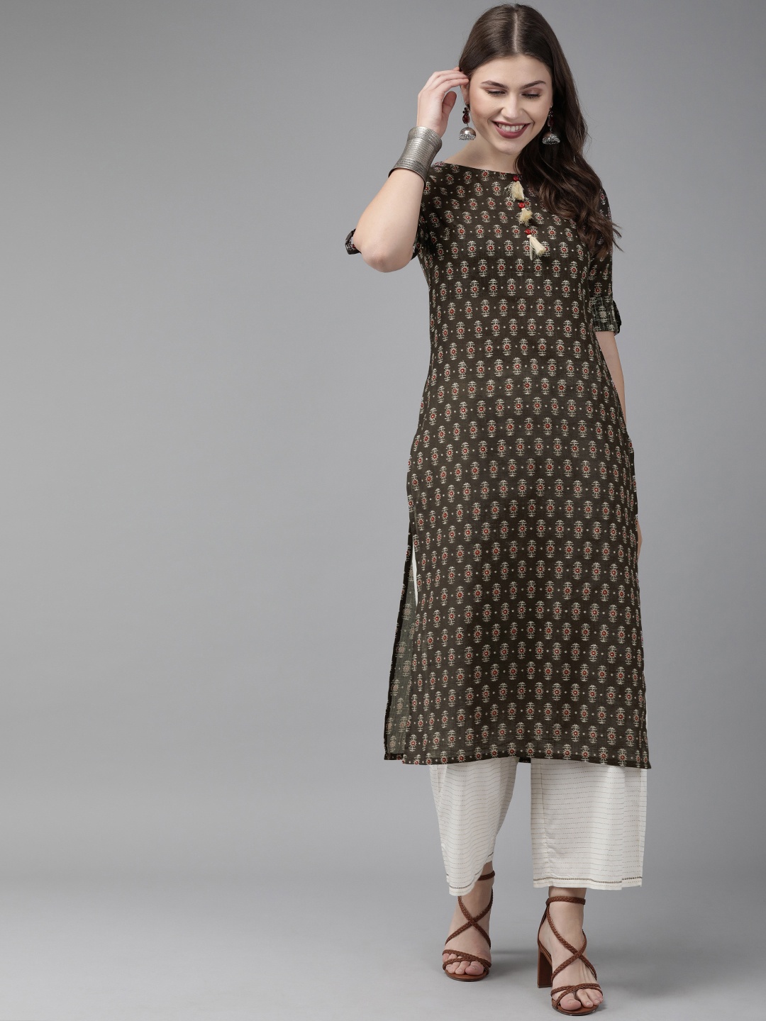

Anouk Women Grey & Off-White Printed Straight Kurta