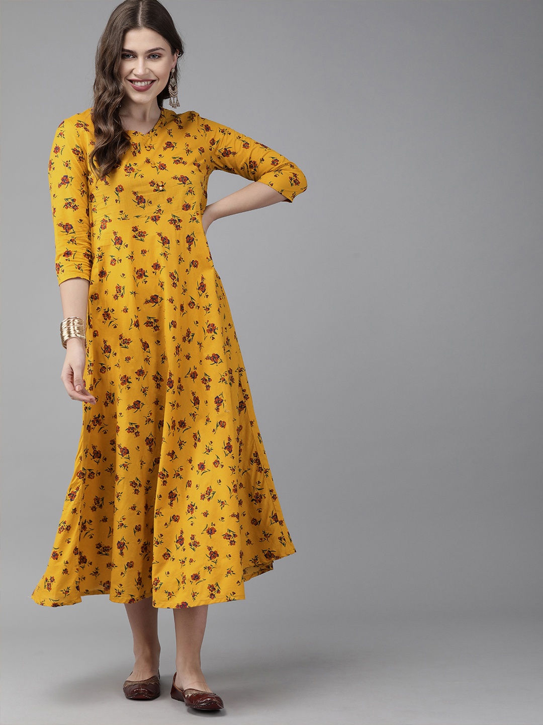 

Anouk Women Mustard Yellow & Red Printed A-Line Fusion Kurta