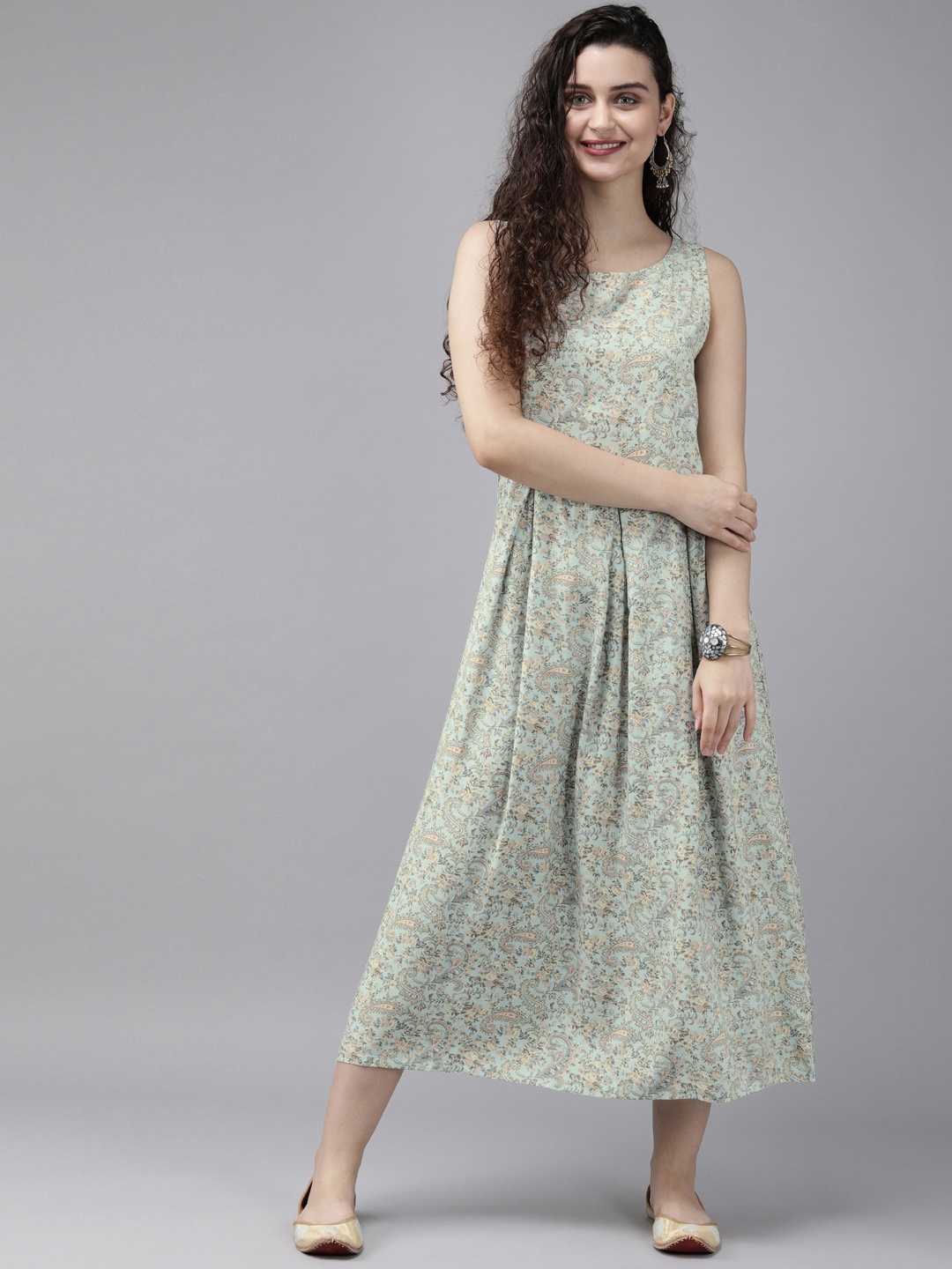 

Anouk Women Sea Green & Beige Printed A-Line Fusion Kurta