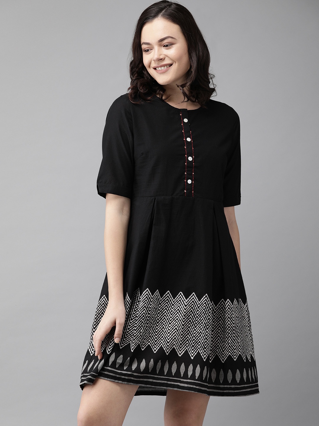 

Anouk Black Geometric Printed Pure Cotton A-Line Dress