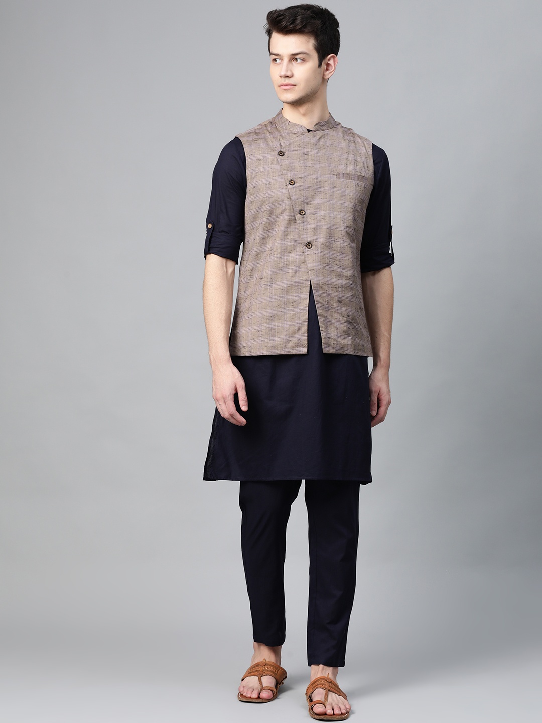

Anouk Men Navy Blue Solid Kurta with Trousers & Nehru Jacket