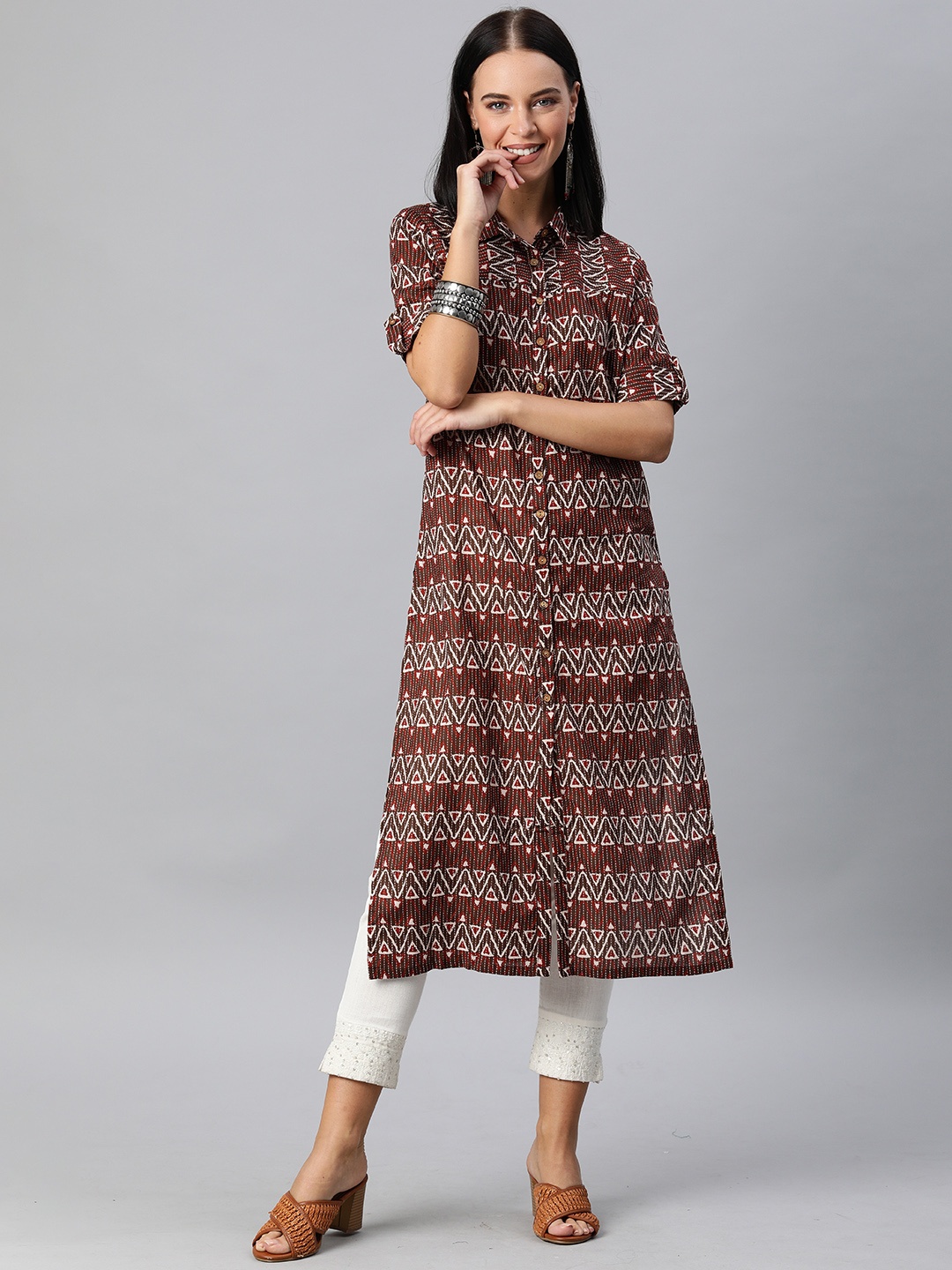 

Anouk Women Maroon & White Printed Straight Kurta