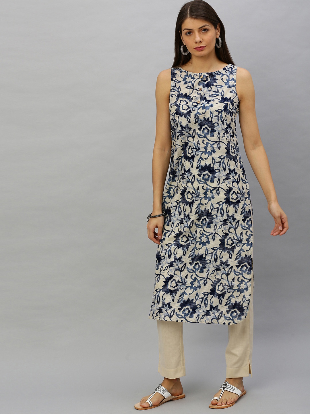 

Anouk Women White & Navy Blue Printed Straight Kurta