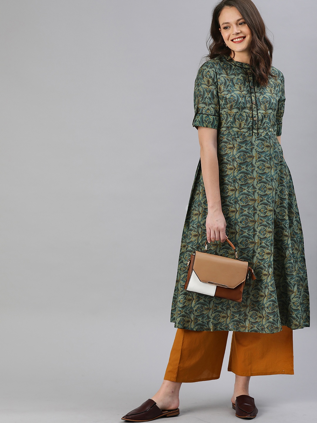 

Anouk Women Teal Blue & Grey Printed A-Line Kurta