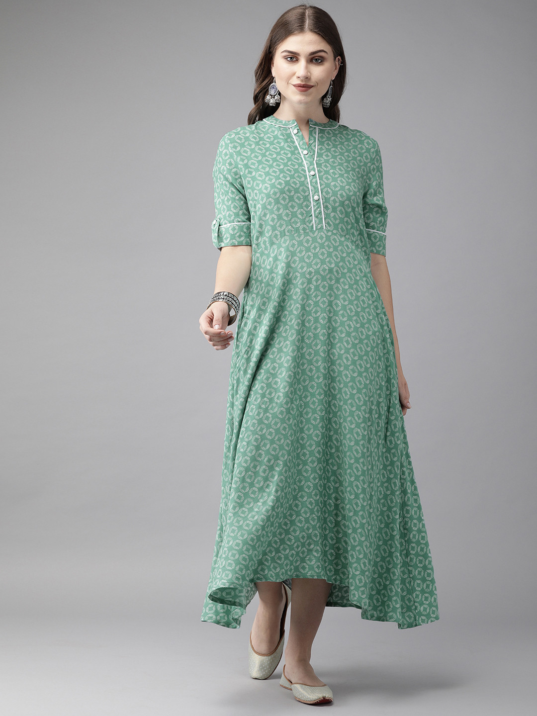 

Anouk Women Green & Off-White Printed A-Line Fusion Kurta
