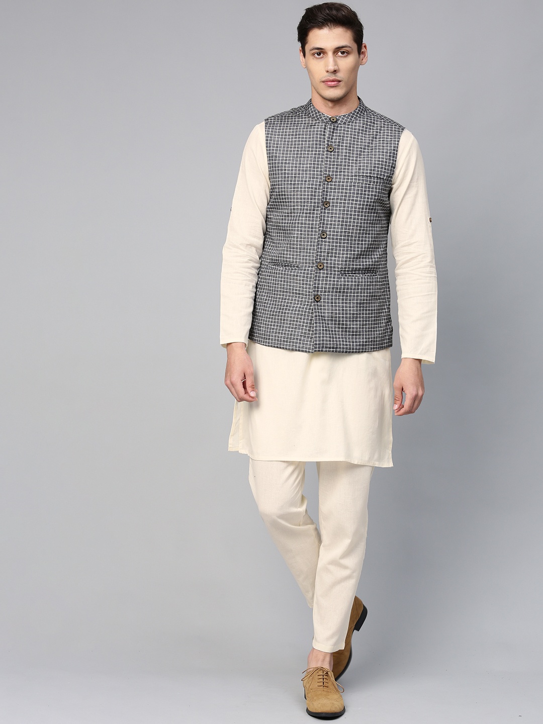 

Anouk Men Off-White & Grey Solid Kurta with Trousers & Nehru Jacket