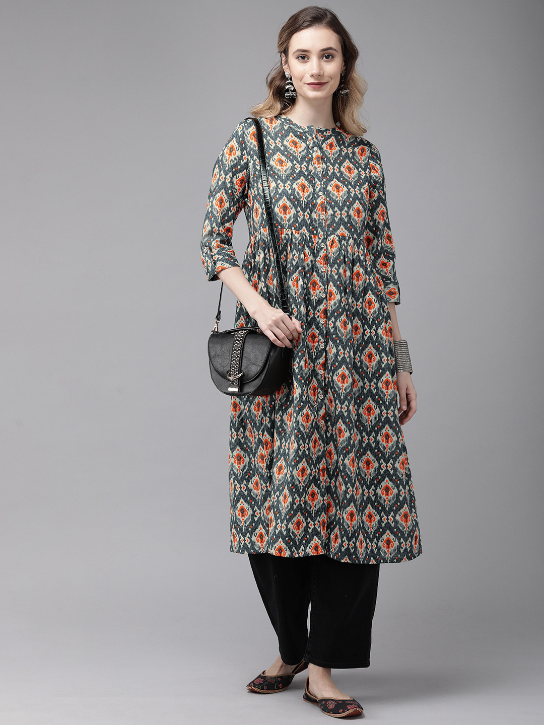 

Anouk Women Grey & Orange Printed A-Line Kurta with Gatherers
