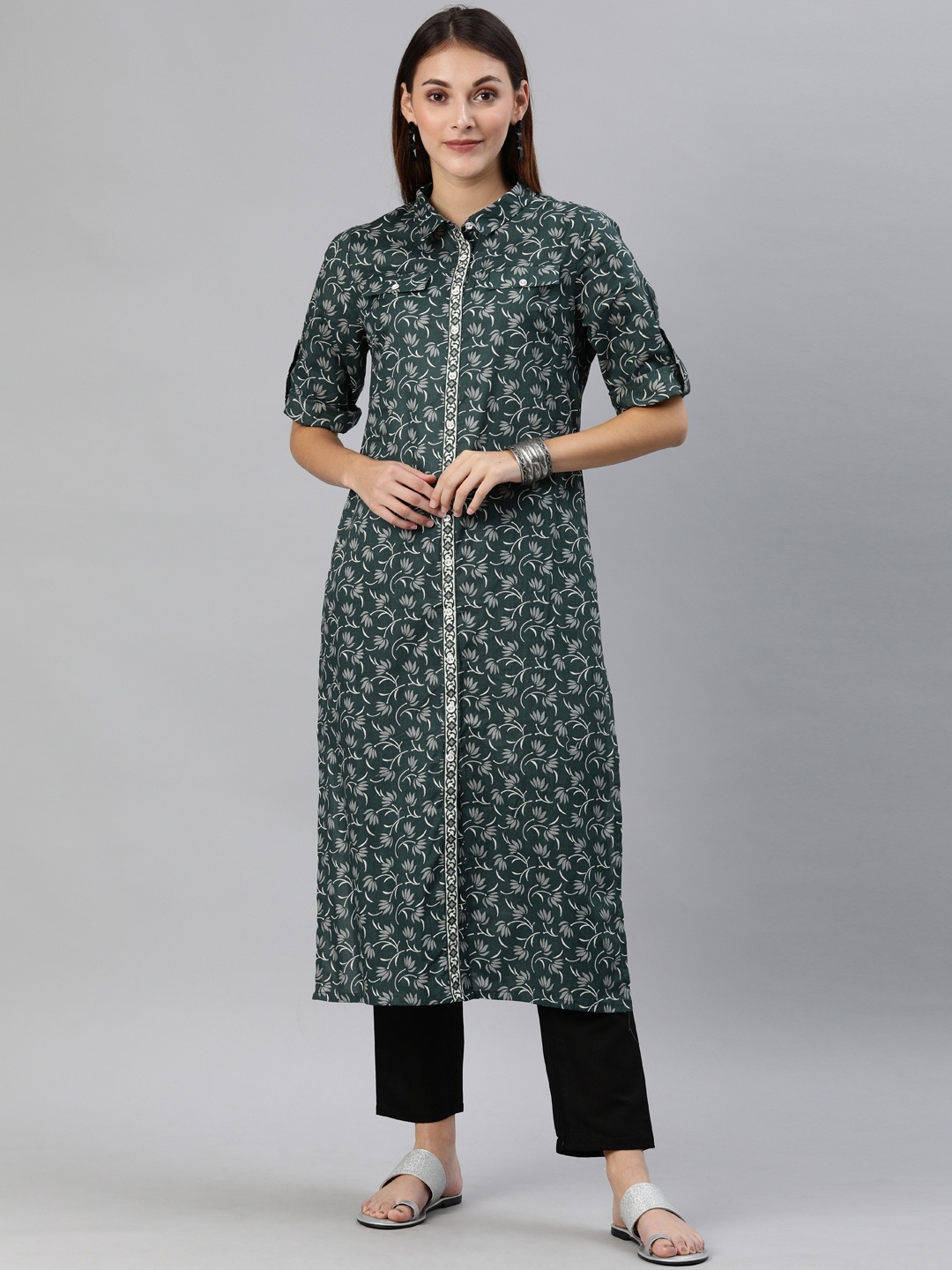 

Anouk Women Green Printed Shirt Dress