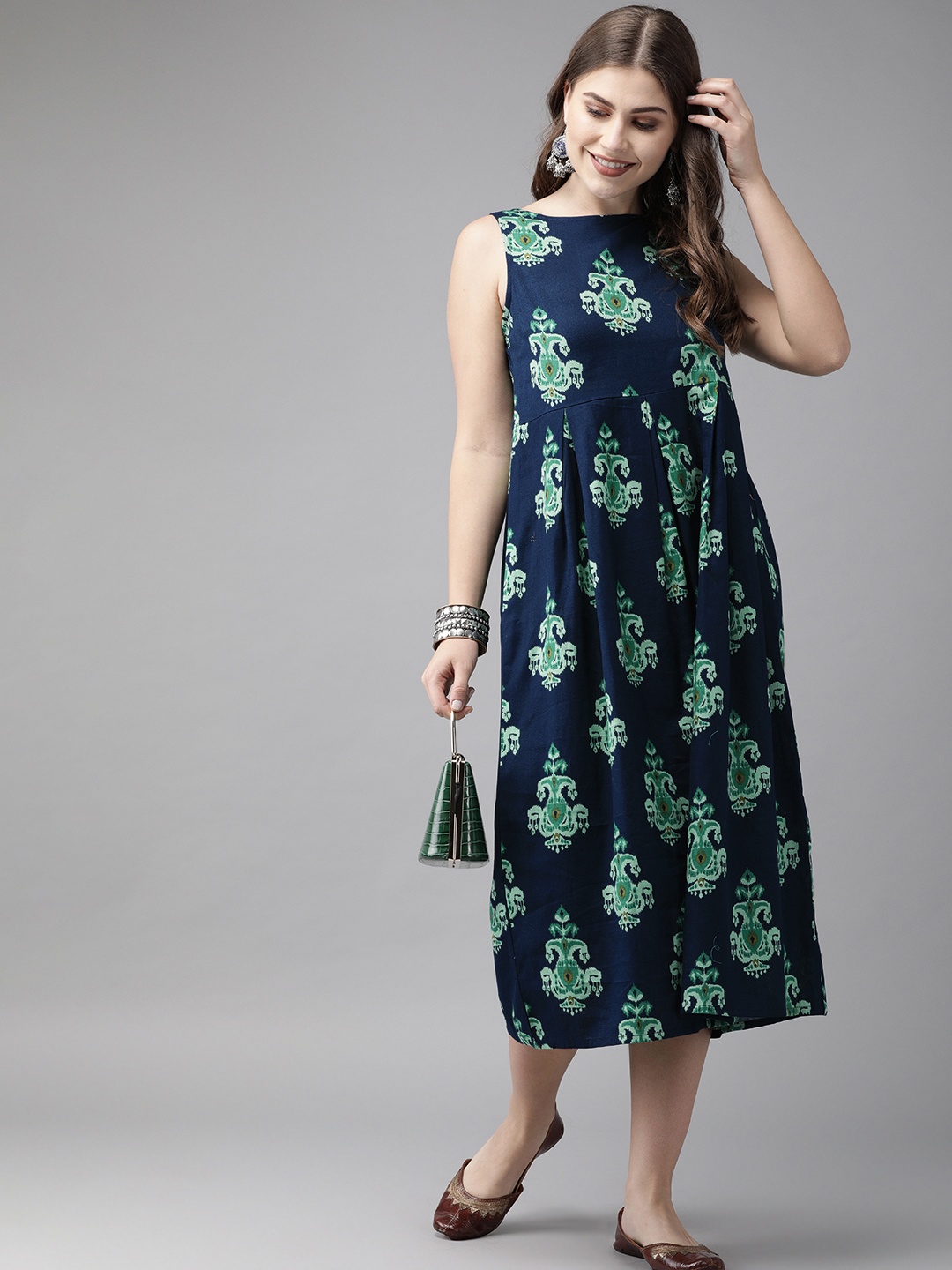 

Anouk Women Navy Blue & Green Printed A-Line Fusion Kurta