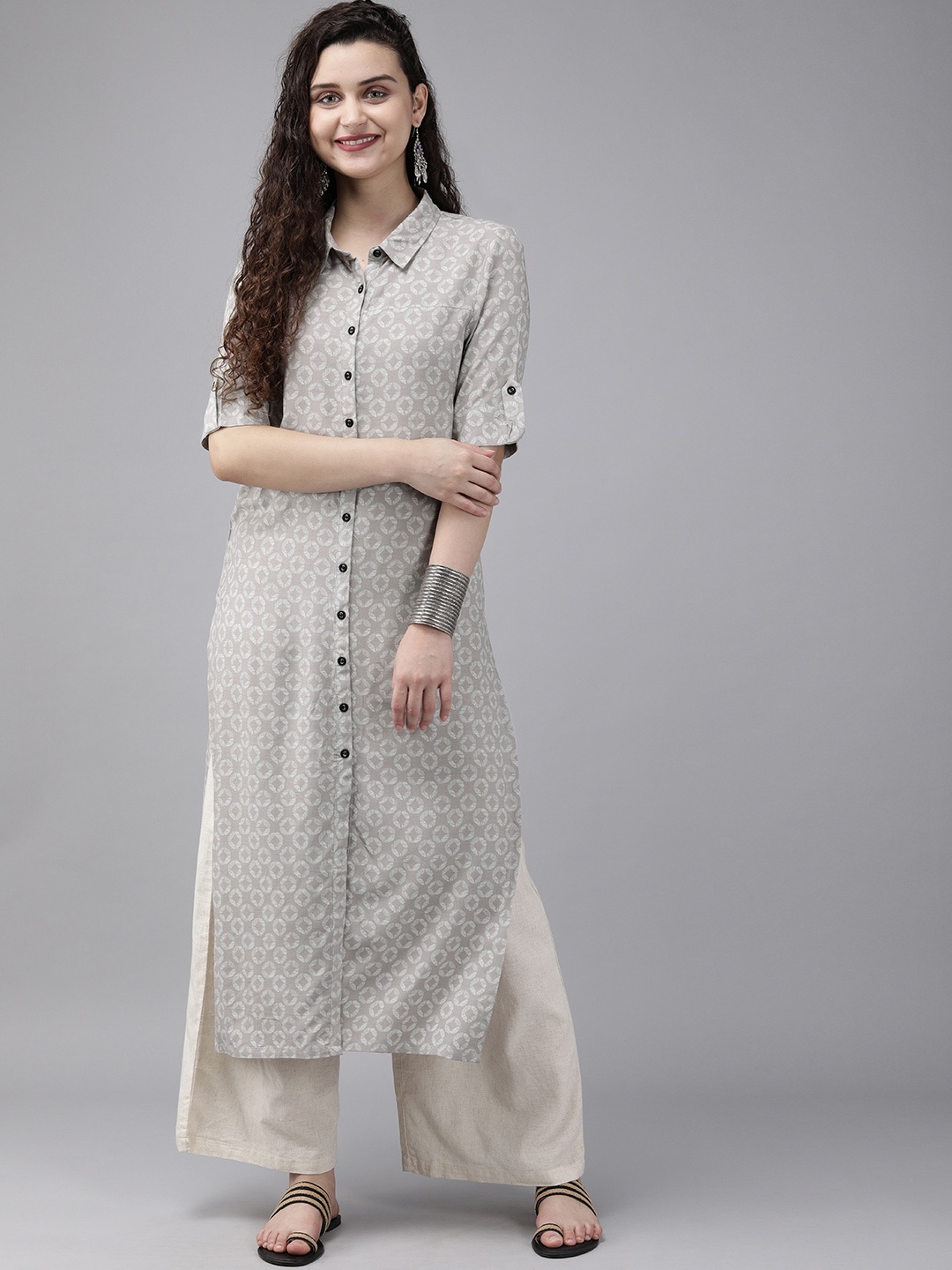 

Anouk Women Grey & White Printed Pathani Kurta