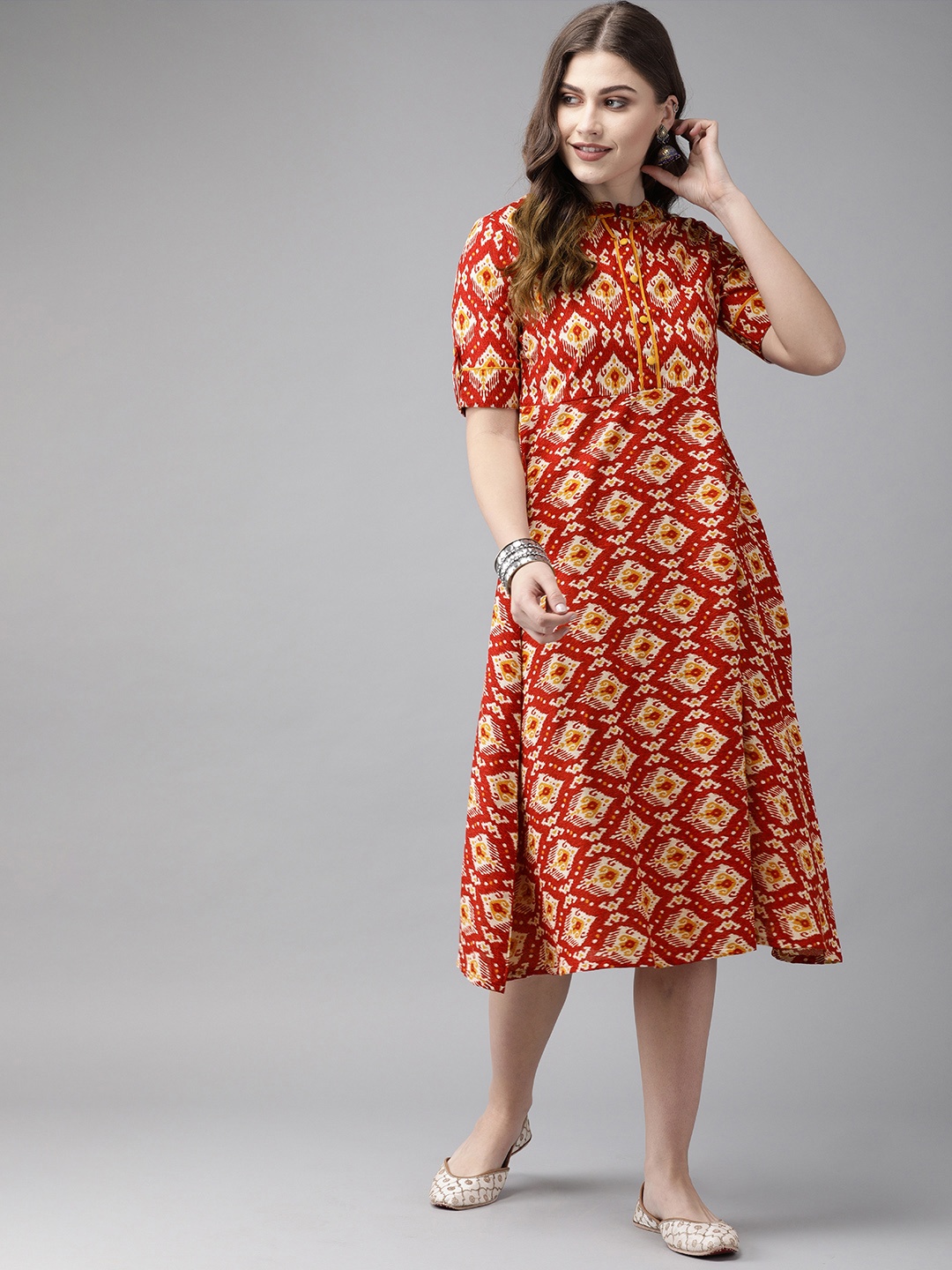 

Anouk Women Red & Off-White Printed A-Line Fusion Kurta