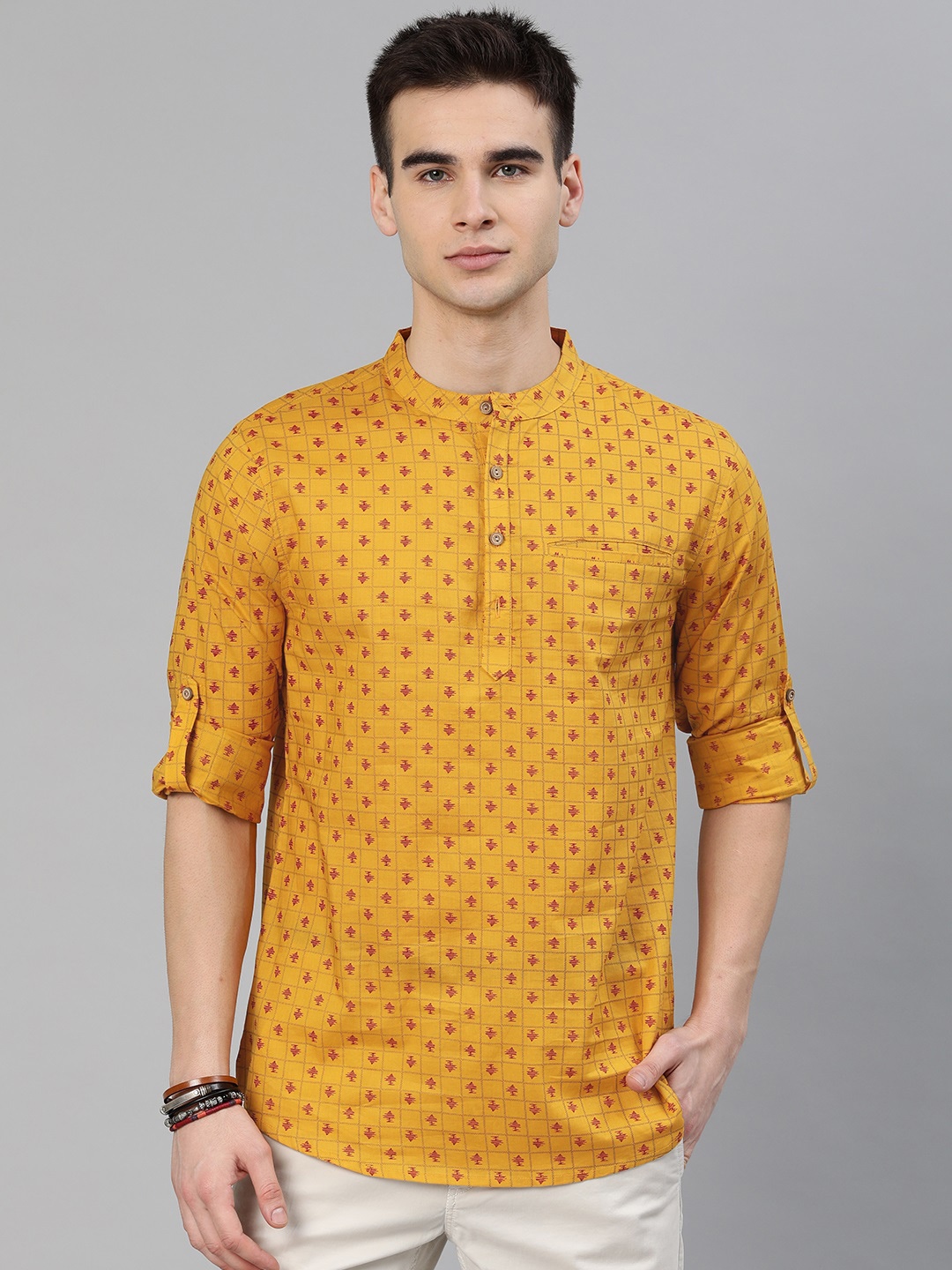 

Anouk Men Mustard & Red Printed Straight Kurta