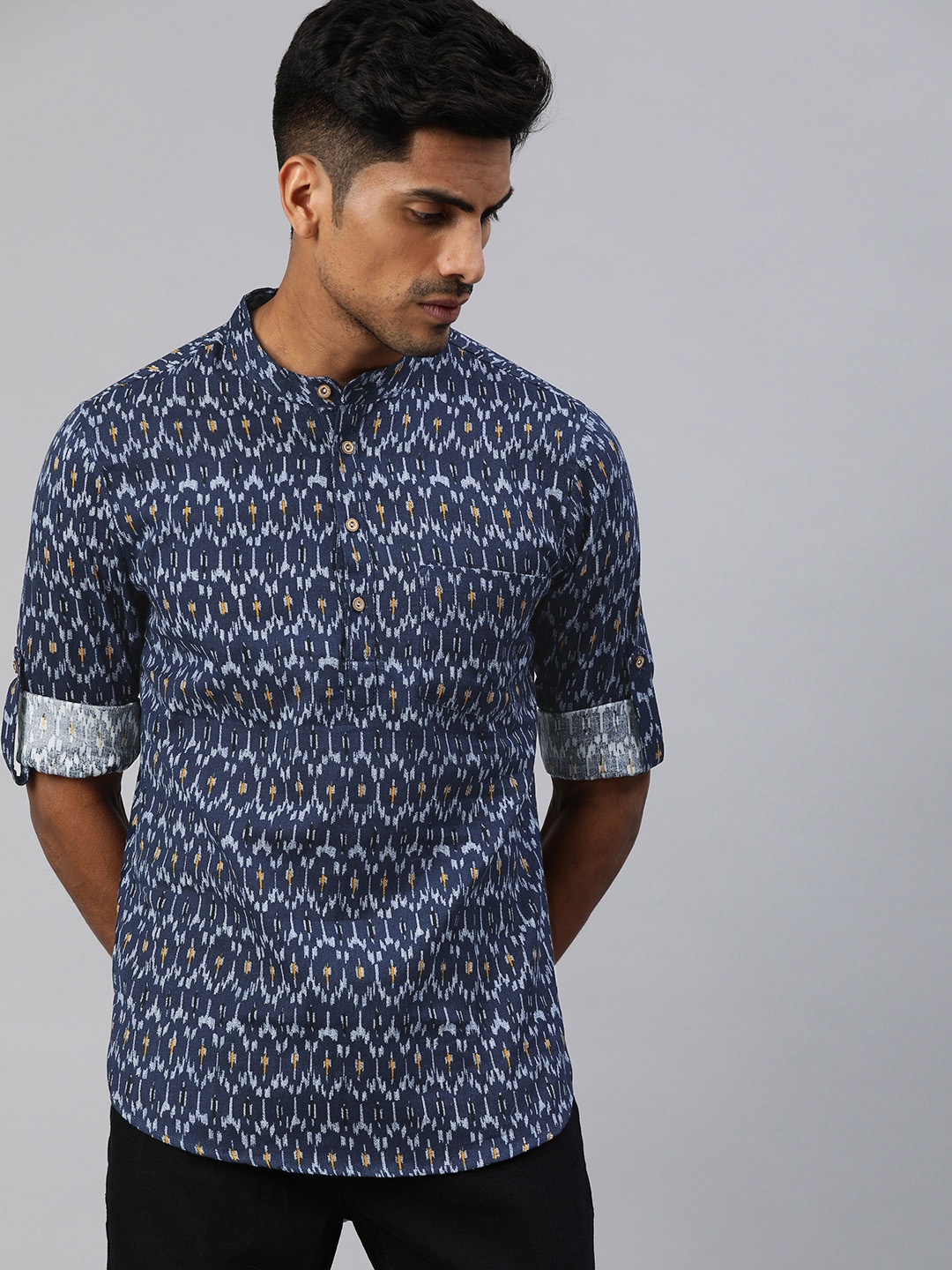 

Anouk Men Navy Blue & Yellow Ethnic Printed Cotton Linen Straight Kurta