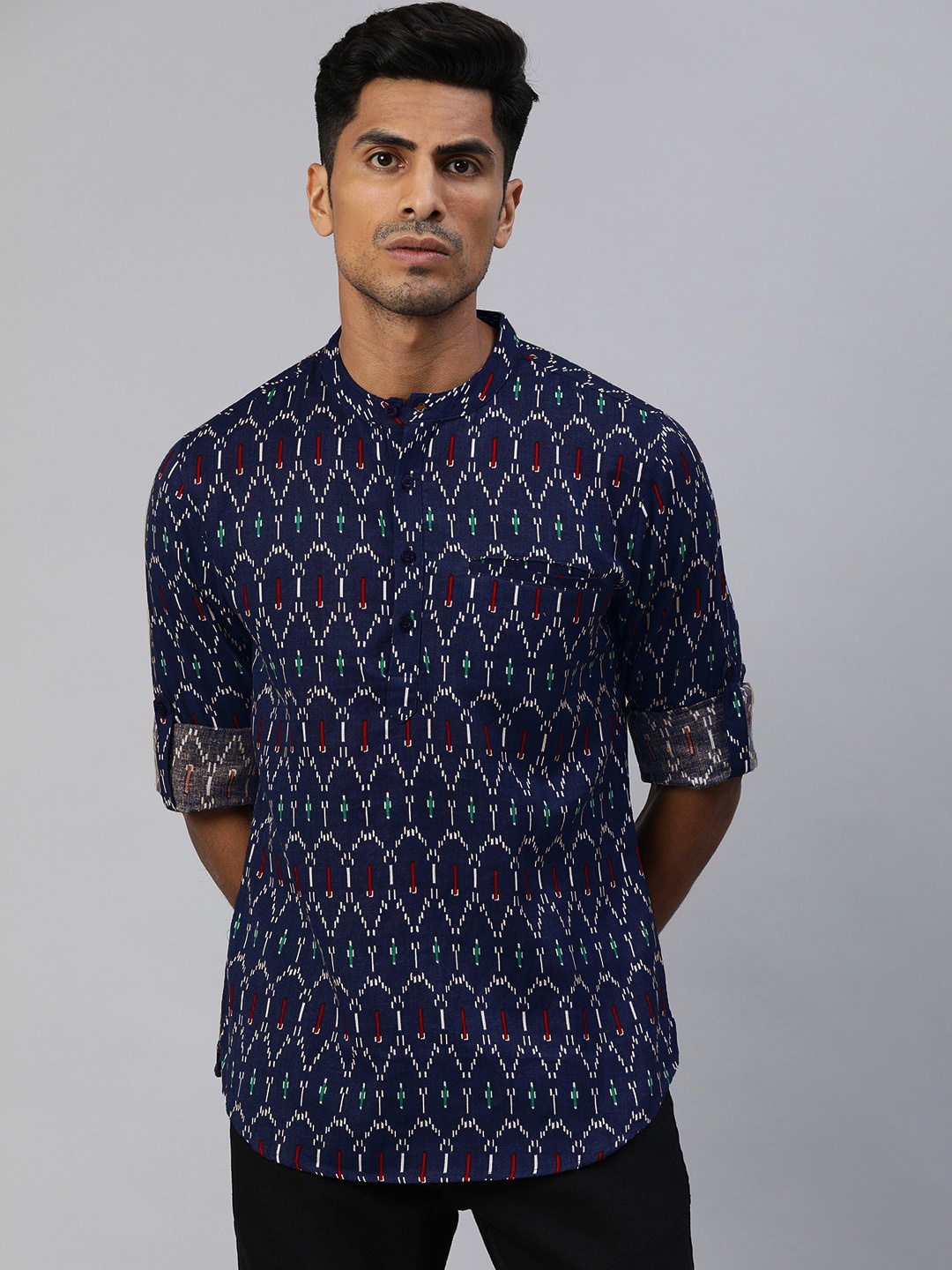 

Anouk Men Navy Blue & White Ethnic Printed Cotton Linen Straight Kurta