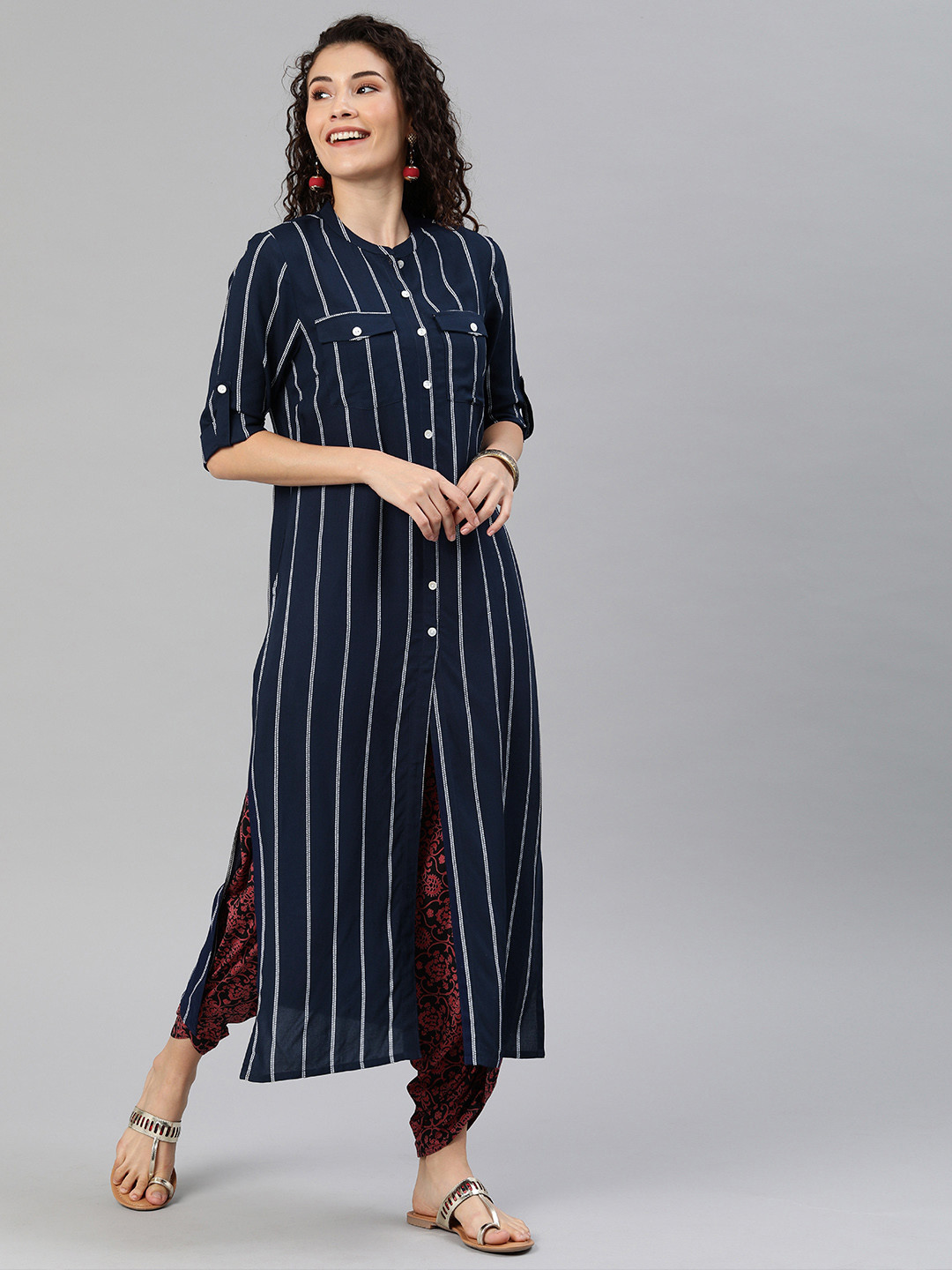 

Anouk Women Navy Blue & White Striped Straight Kurta