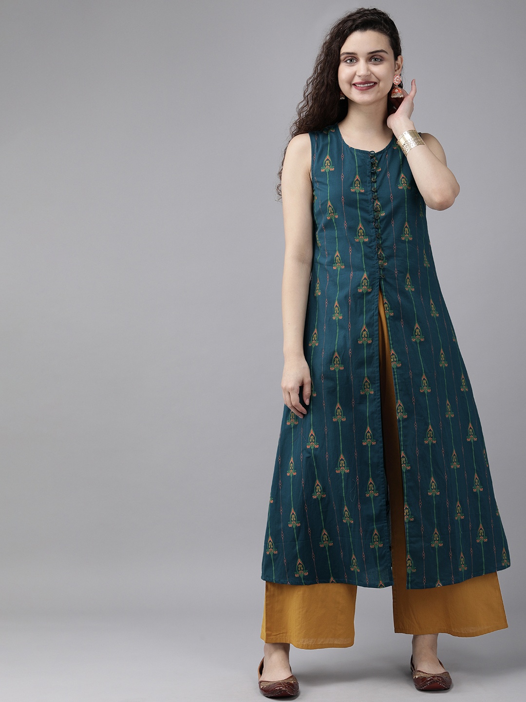 

Anouk Women Teal Blue & Mustard Yellow Printed Kurta with Palazzos