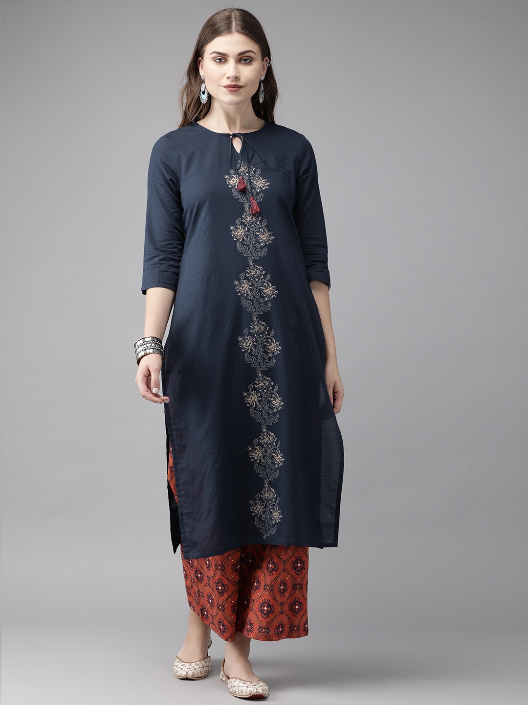 

Anouk Women Navy Blue & Rust Orange Printed Kurta with Trousers