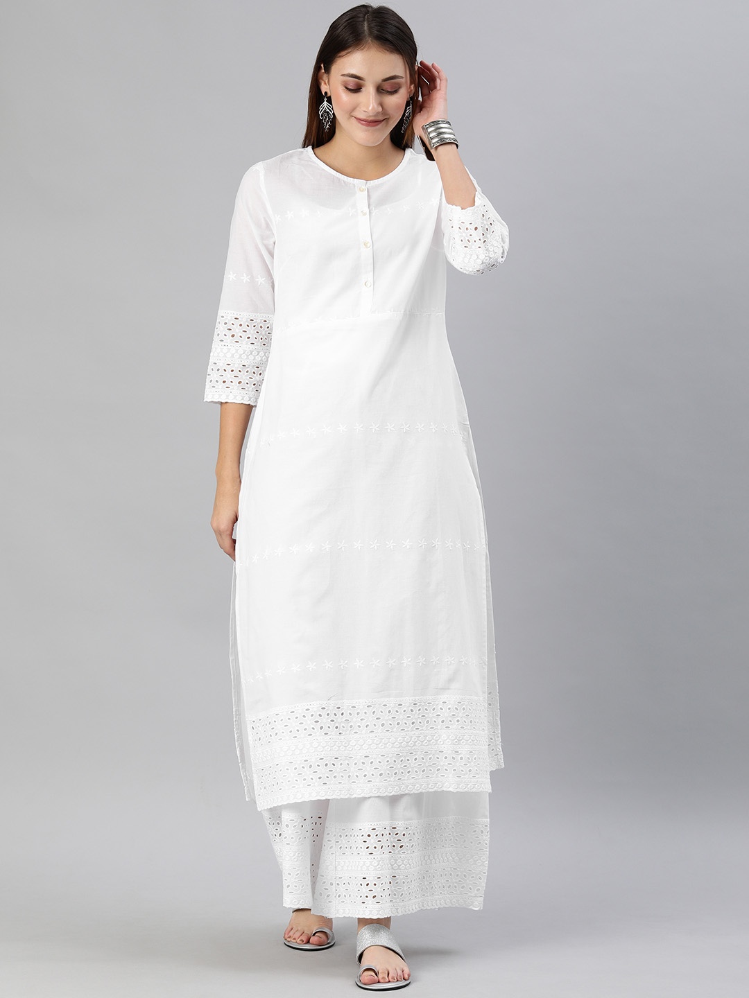 

Anouk Women White Embroidered Kurta with Palazzos