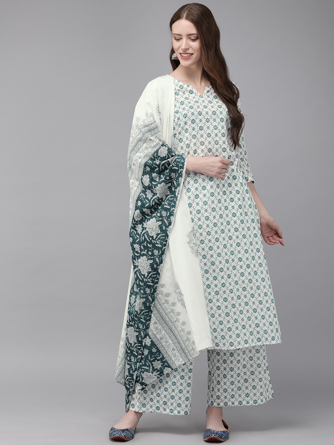 

Anouk Women White & Green Printed Kurta with Palazzos & Dupatta