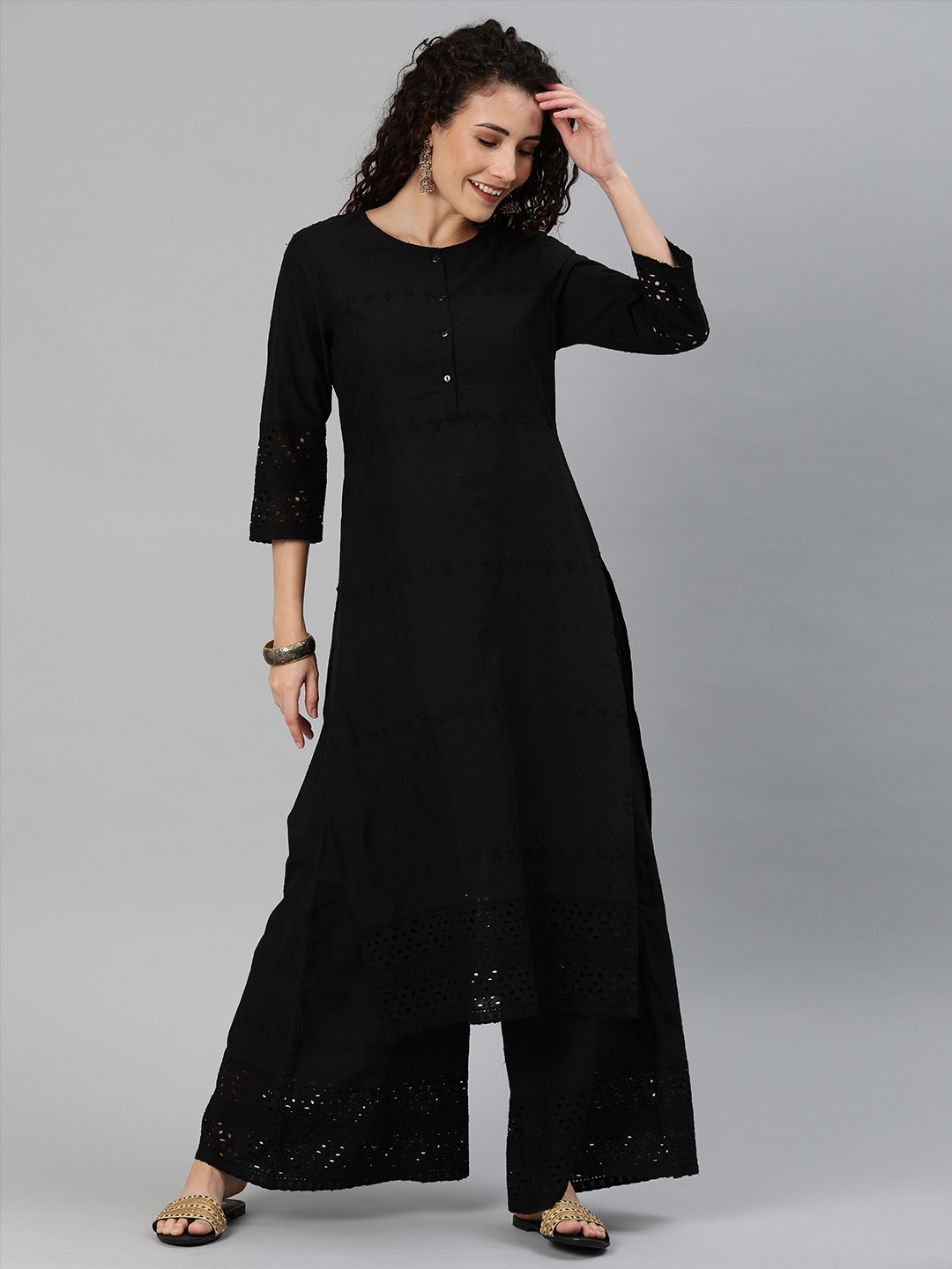

Anouk Women Black Solid Hakoba Detailed Kurta with Palazzos