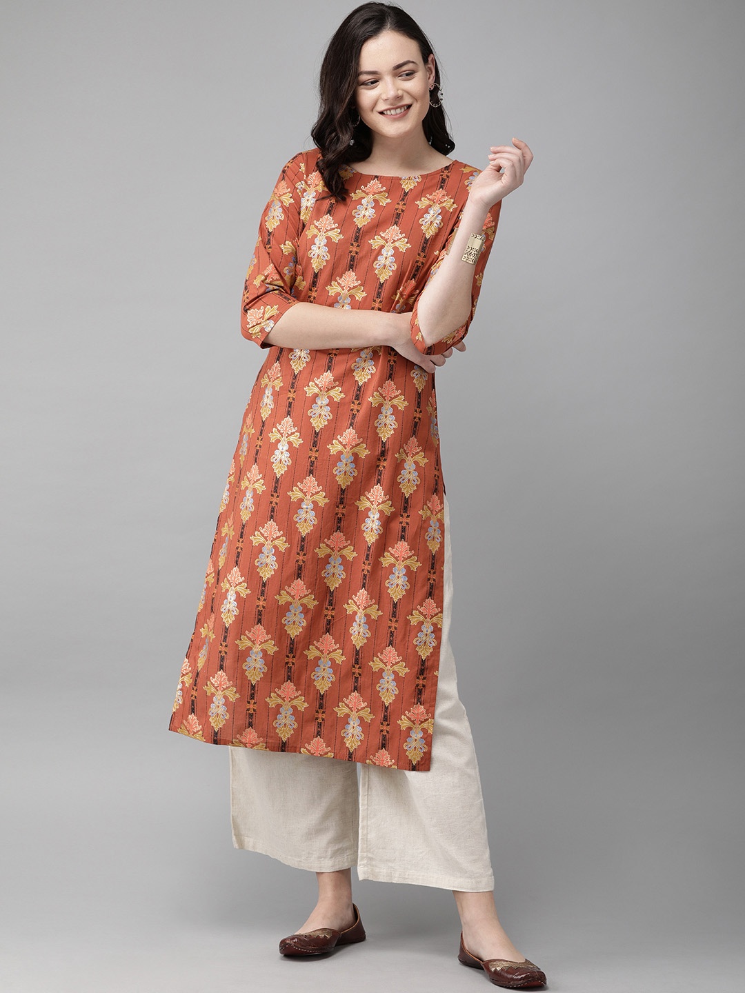

Anouk Women Rust Orange & Mustard Yellow Printed Straight Kurta