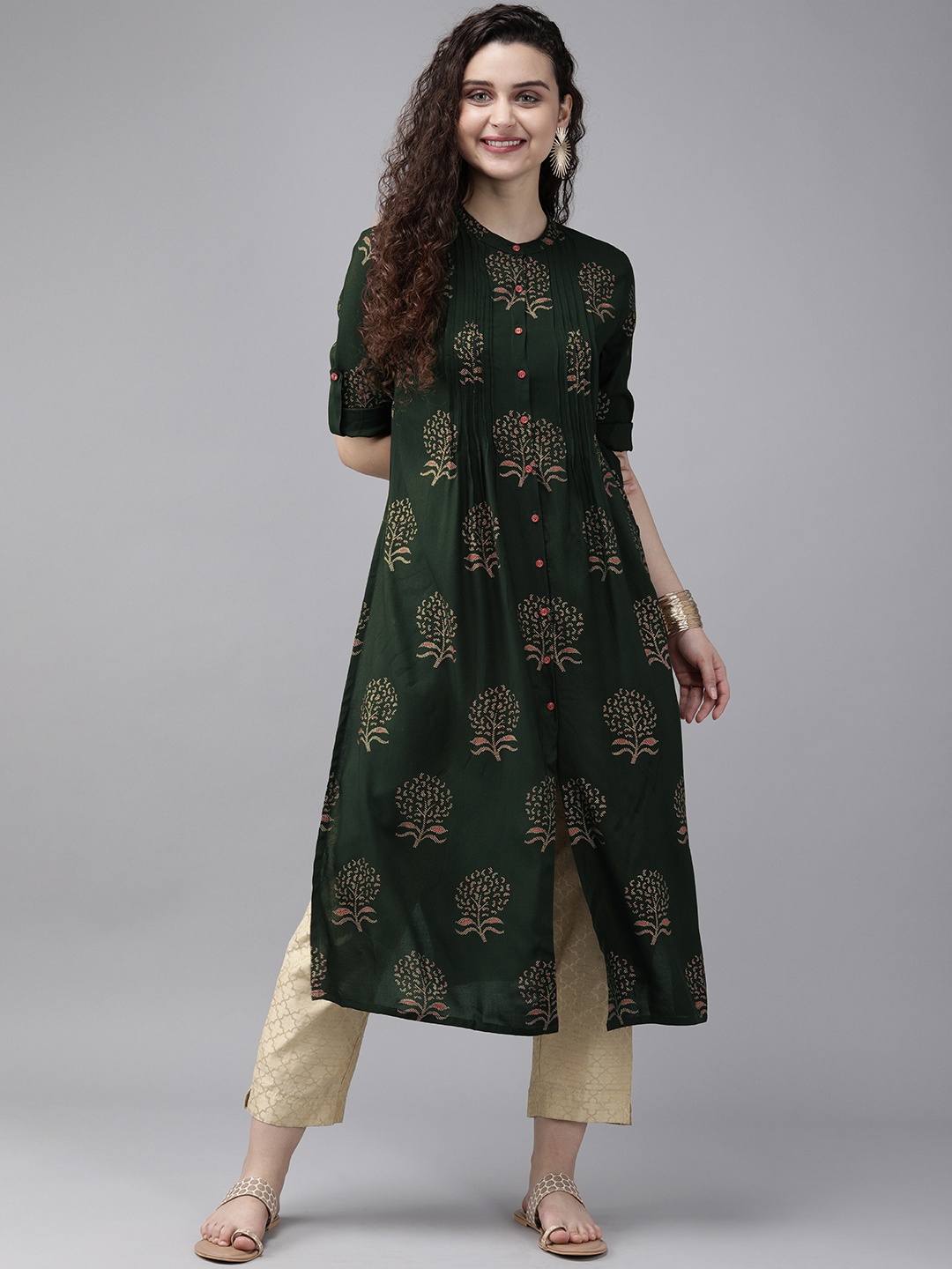 

Anouk Women Green & Gold-Coloured Printed Straight Kurta