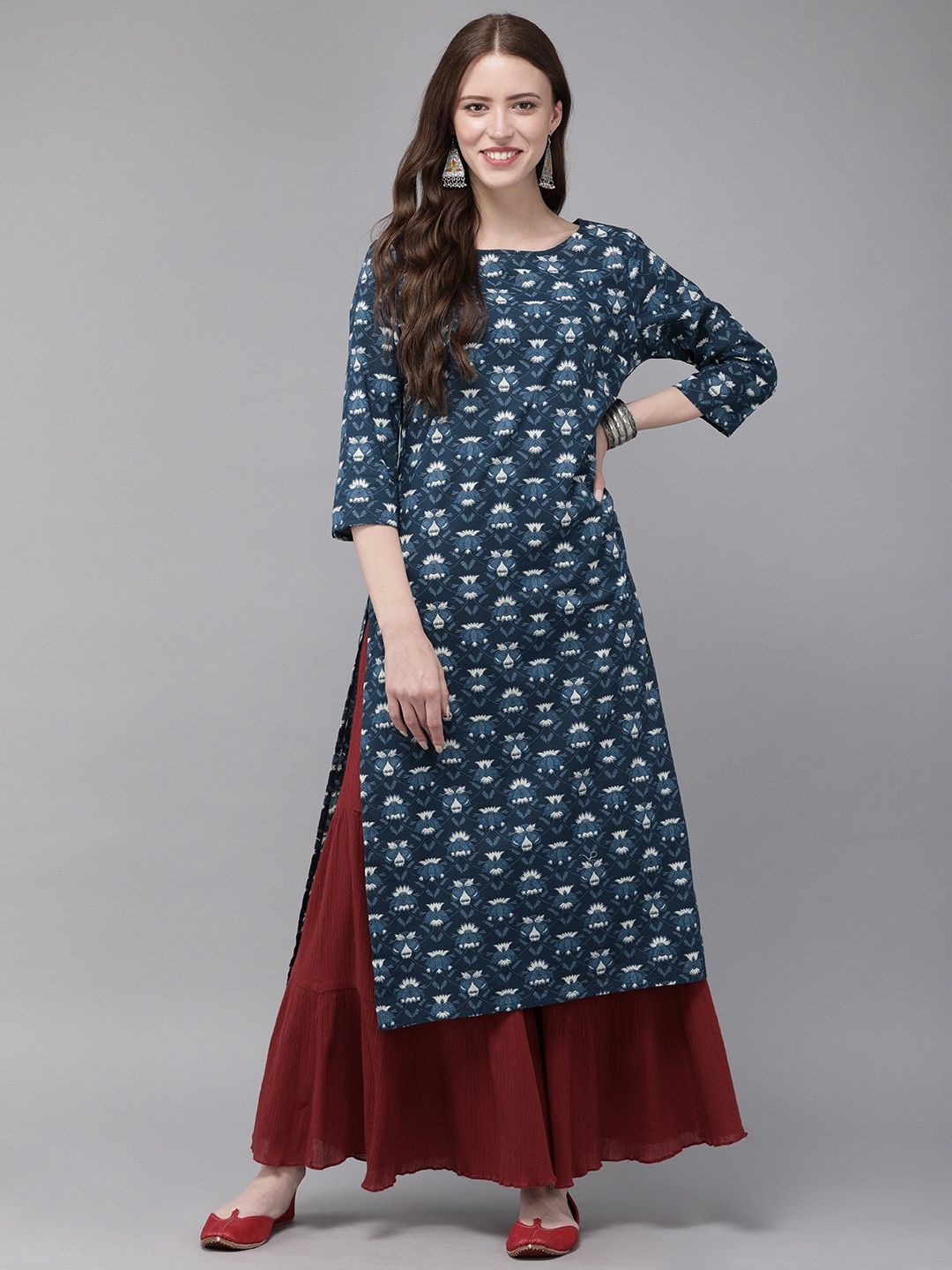 

Anouk Women Navy Blue & Off-White Printed Straight Kurta